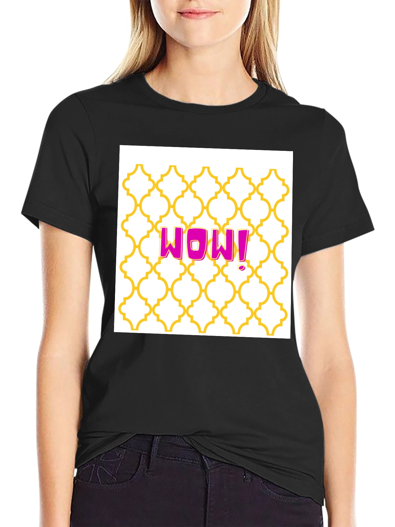 WOW! Graphic Tee - Trendy Pattern Black T-Shirt