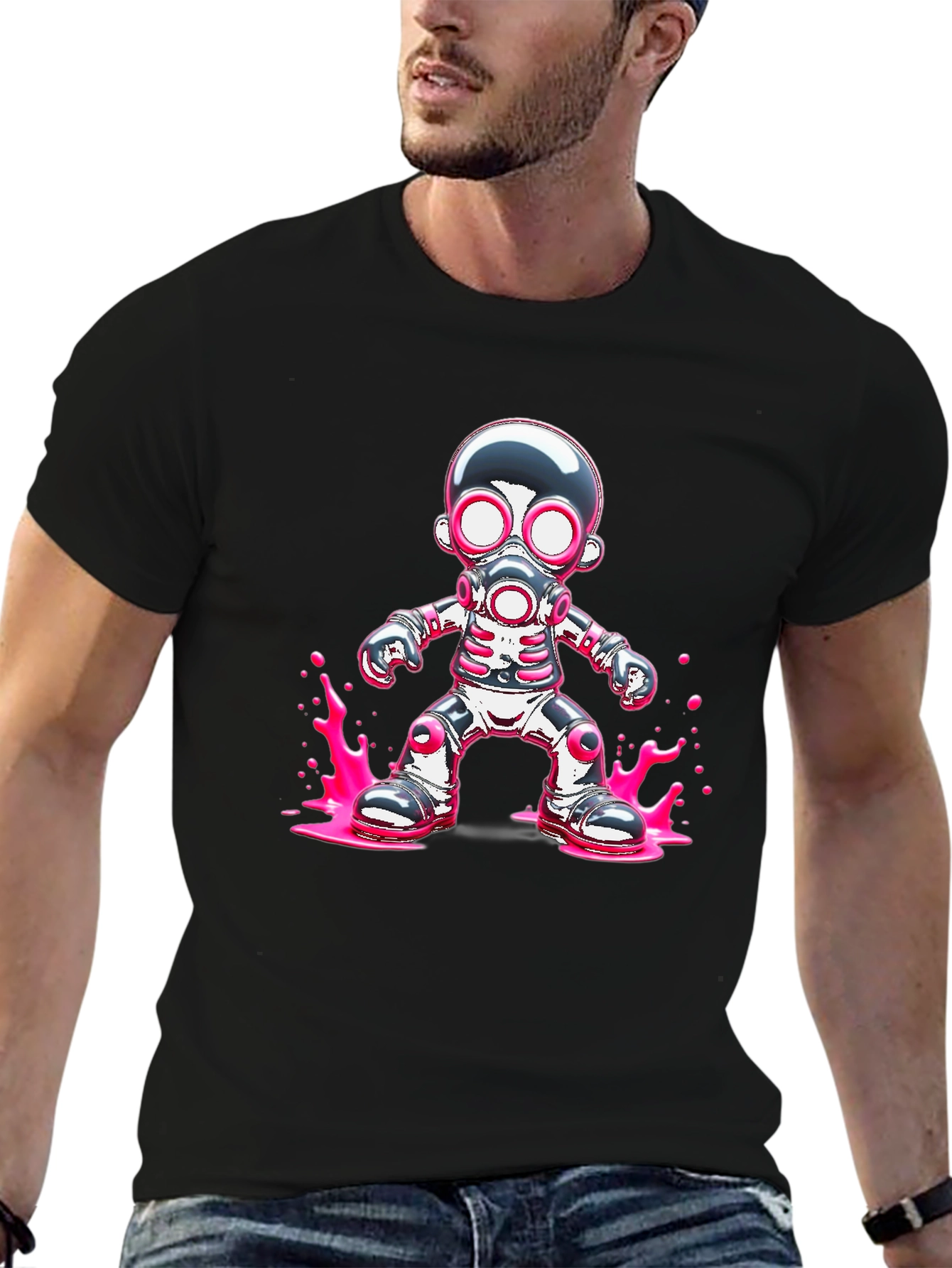Cool Robot Gas Mask Graphic Black T-Shirt
