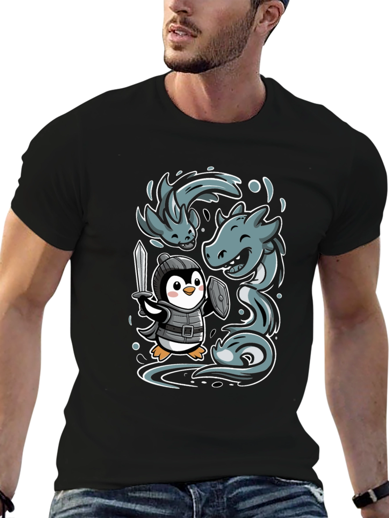 Penguin Knight vs Sea Serpent Graphic Tee