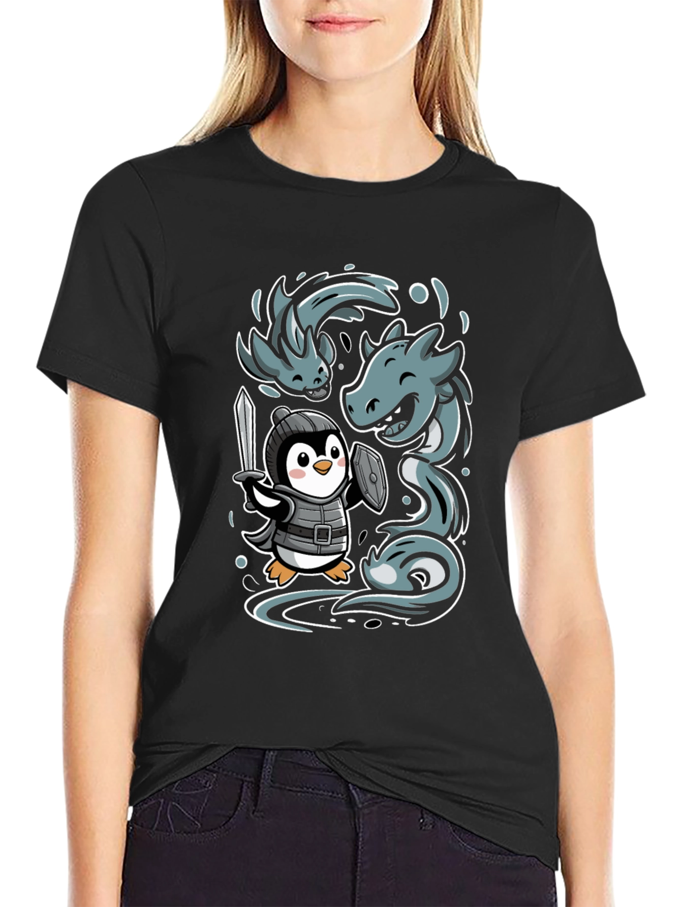 Penguin Knight vs Sea Serpent Graphic Tee