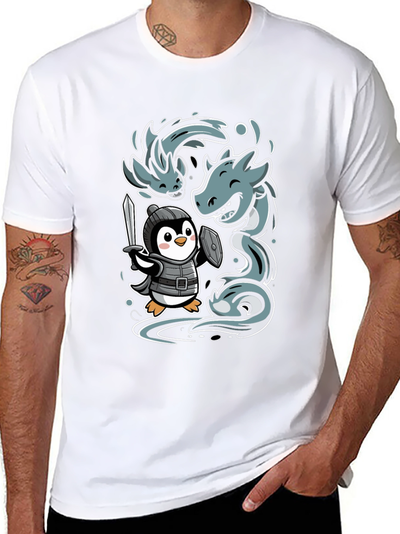 Penguin Knight vs Sea Serpent Graphic Tee