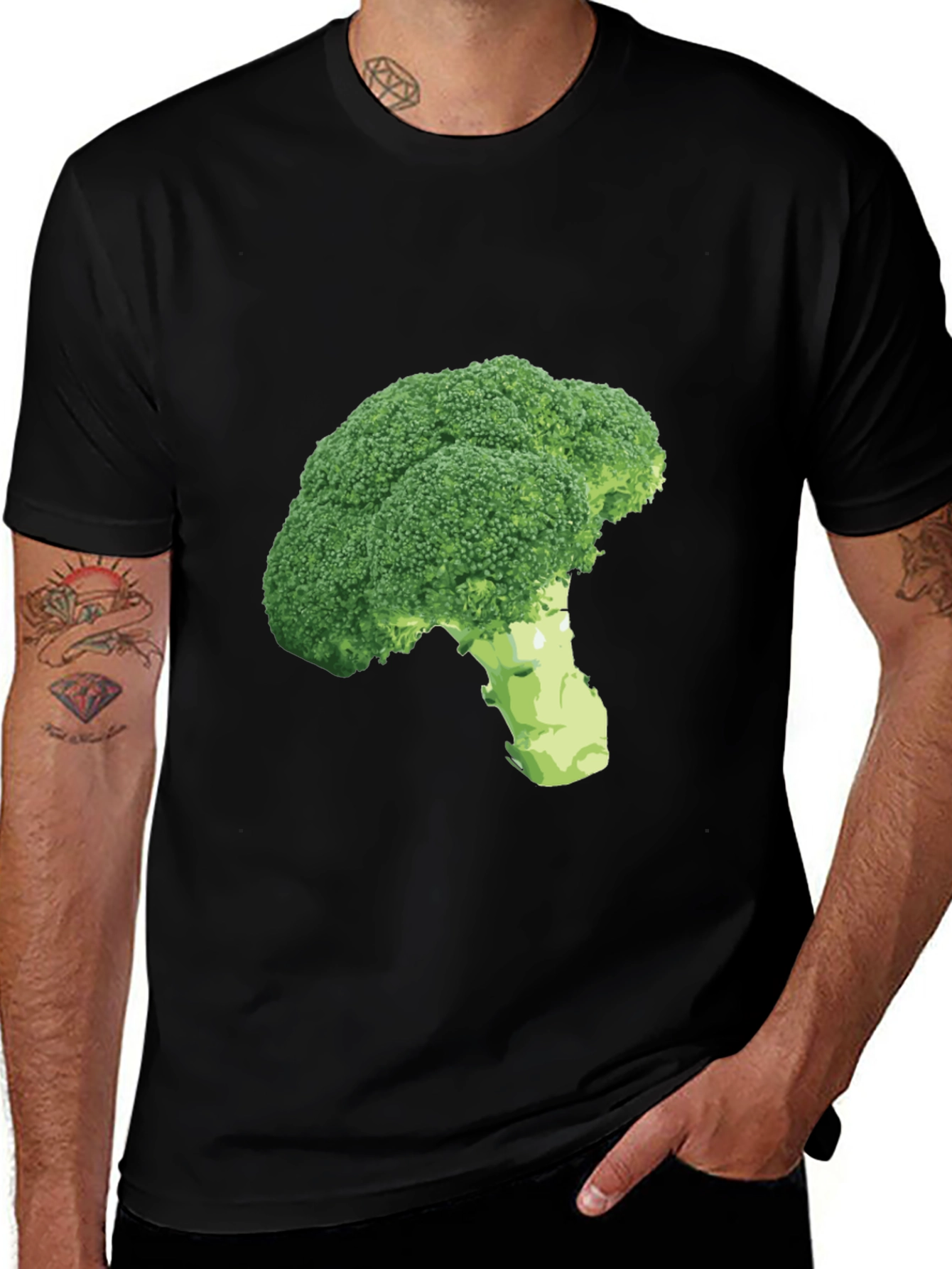 Broccoli Print Black T-Shirt - Unique Vegetarian Style