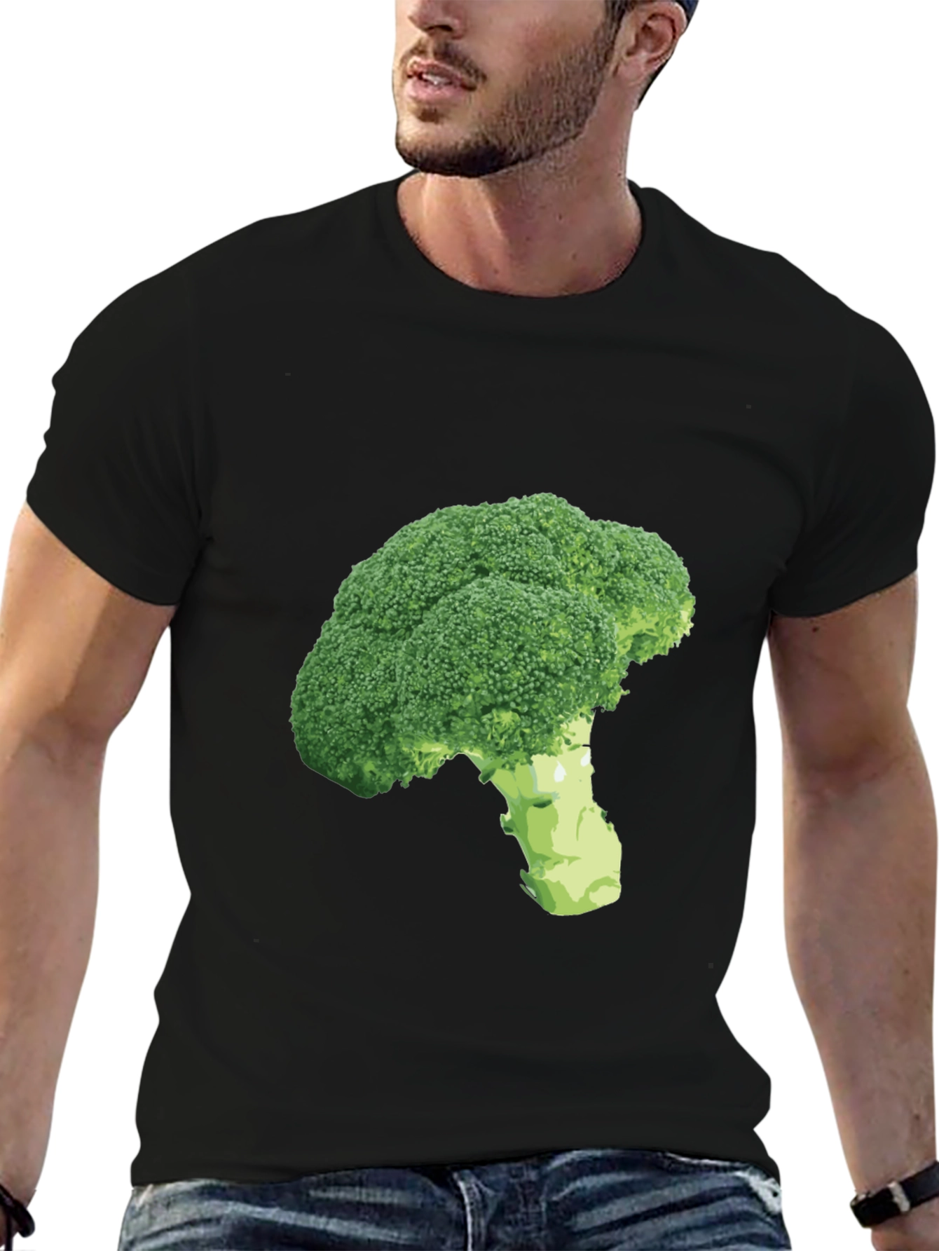 Broccoli Print Black T-Shirt - Unique Vegetarian Style