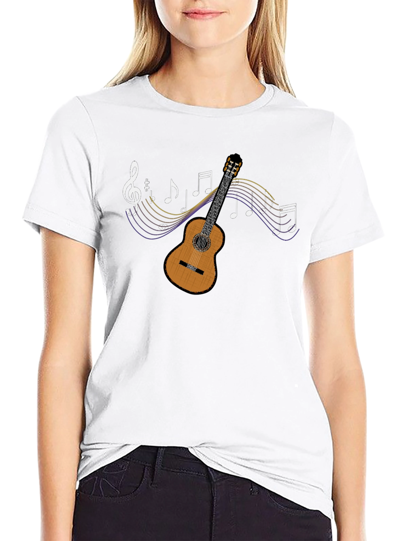Guitar and Music Note Graphic Tee - Black