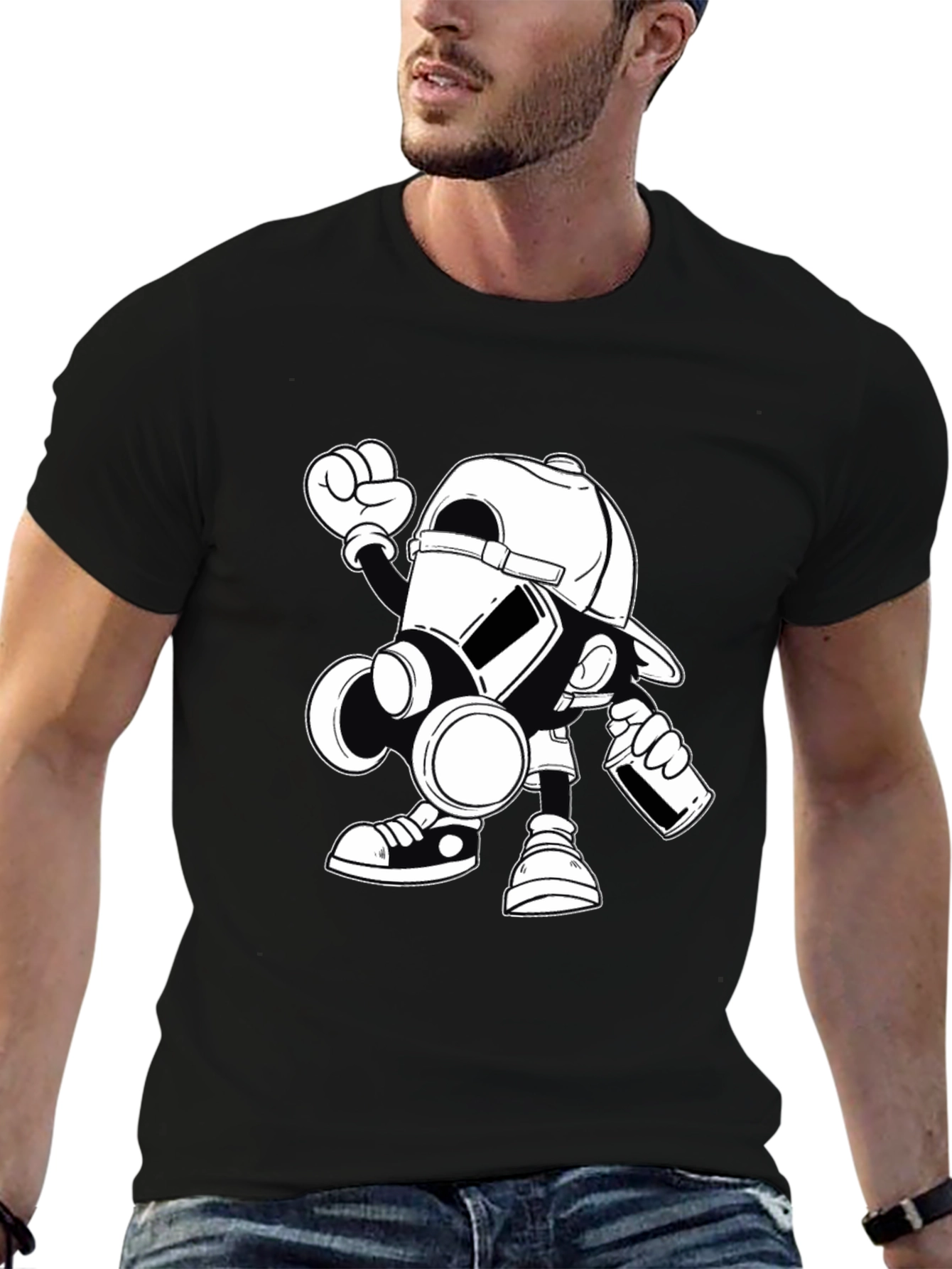 Gas Mask Cartoon Graphic Print Black T-Shirt