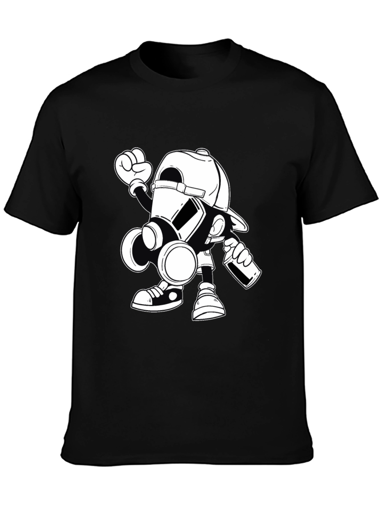 Gas Mask Cartoon Graphic Print Black T-Shirt