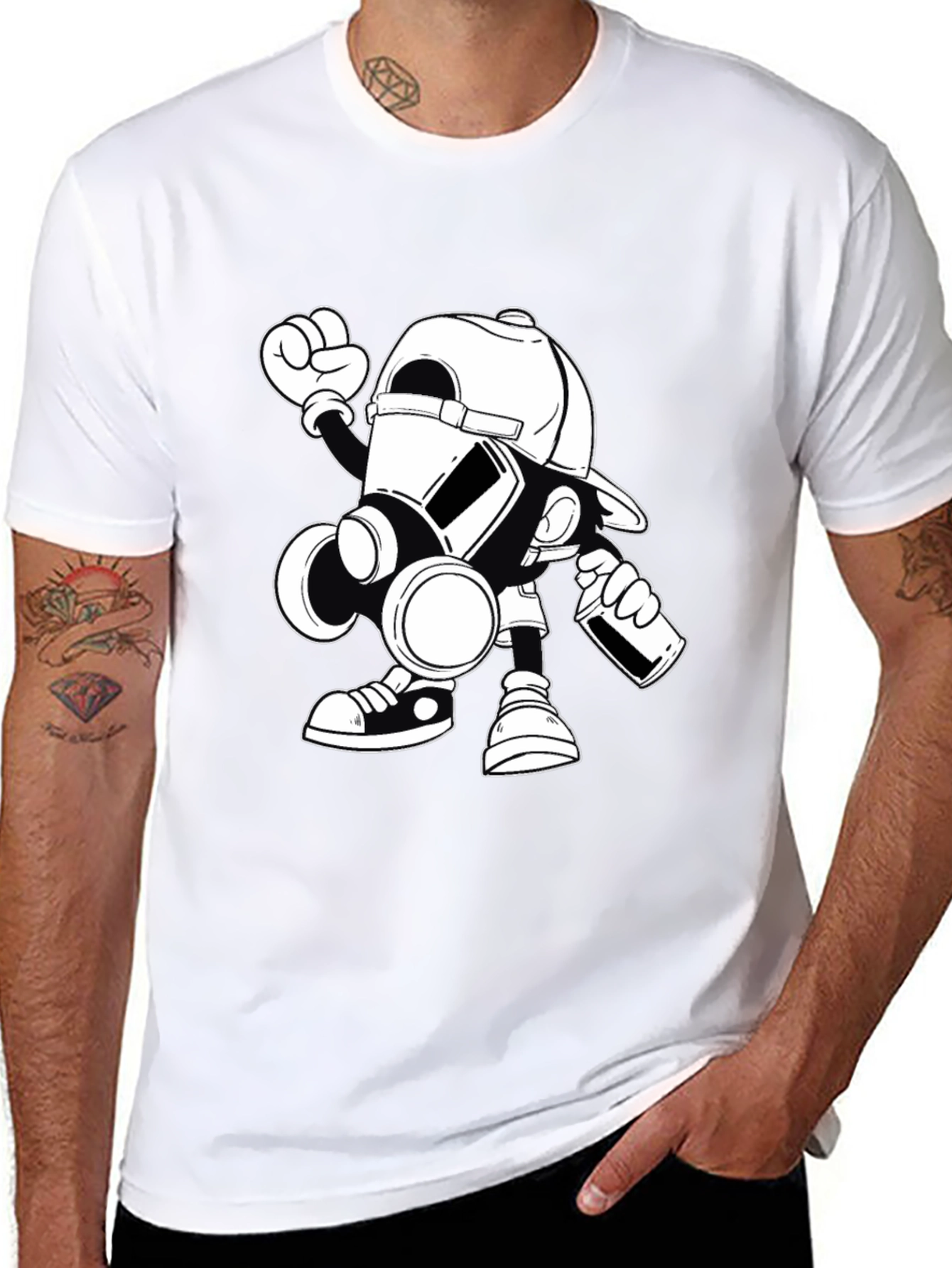 Gas Mask Cartoon Graphic Print Black T-Shirt