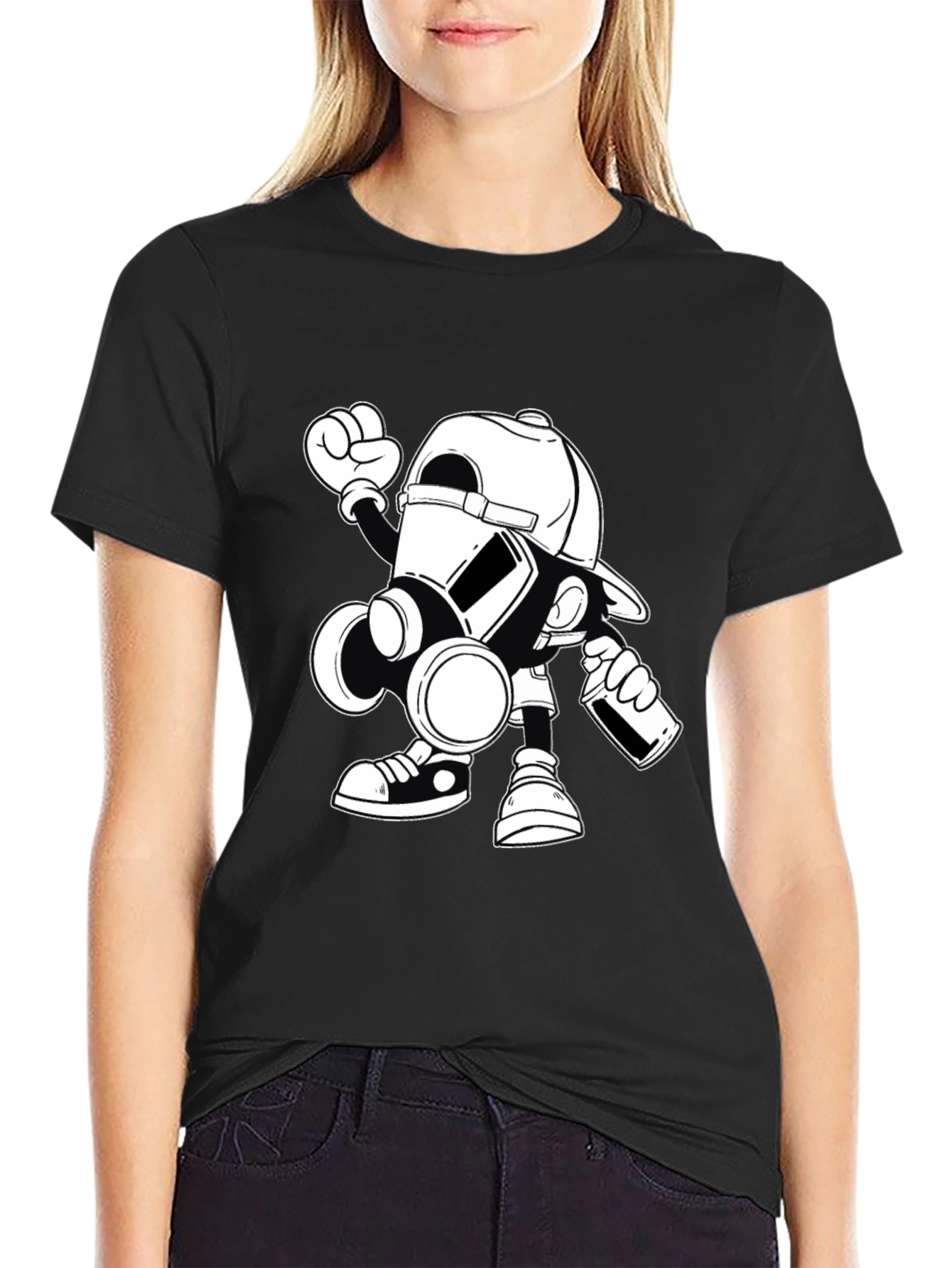 Gas Mask Cartoon Graphic Print Black T-Shirt