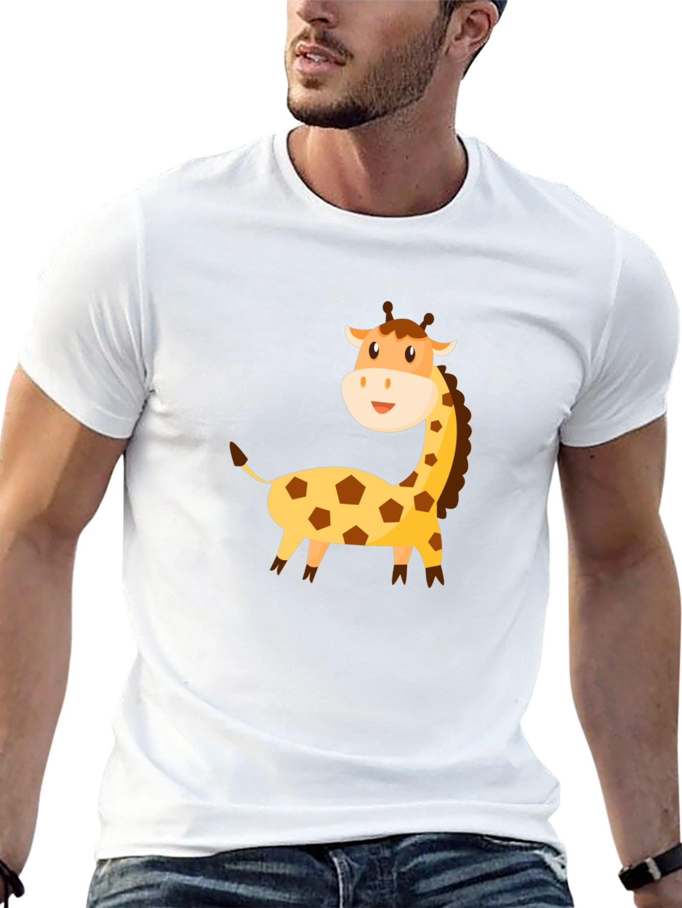 Cartoon Giraffe Graphic Tee - Black Cotton T-Shirt