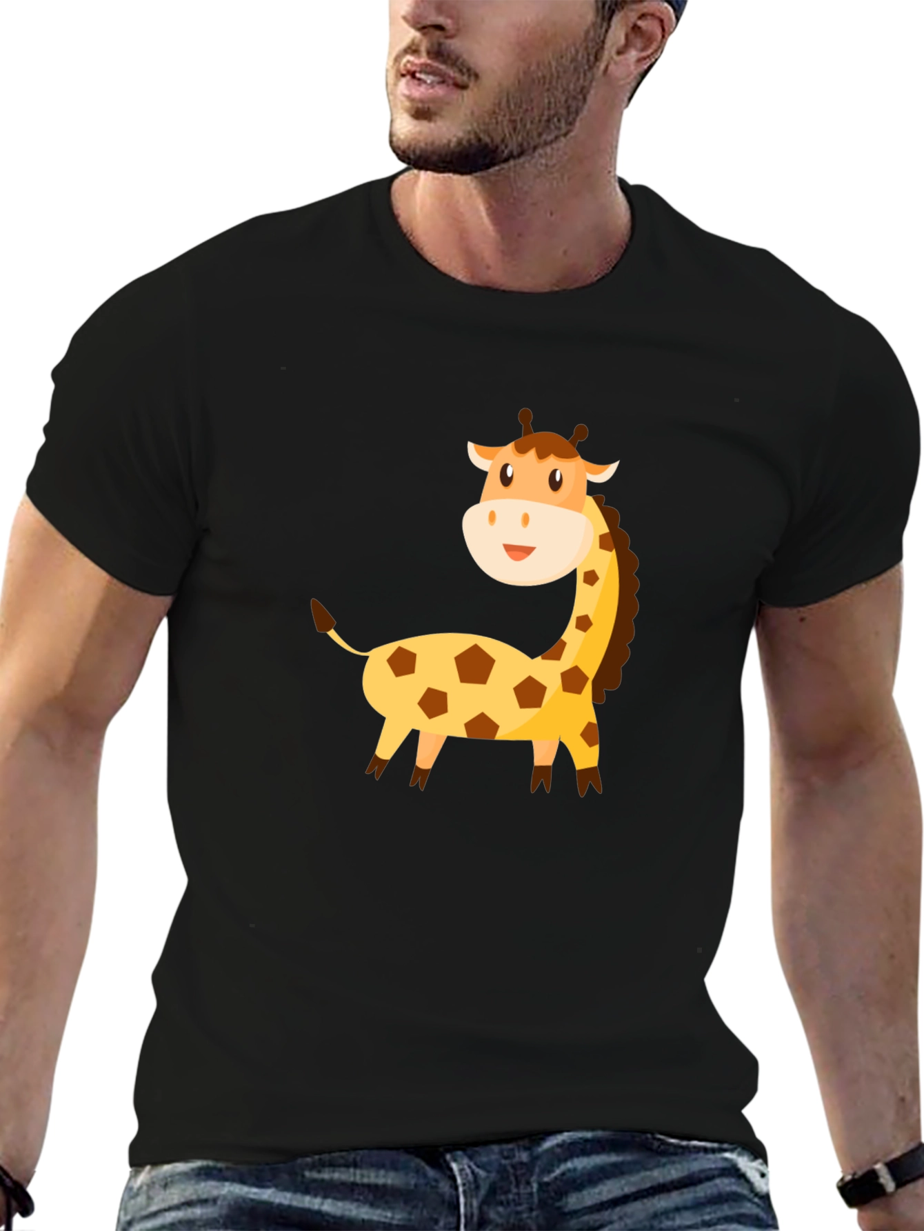 Cartoon Giraffe Graphic Tee - Black Cotton T-Shirt