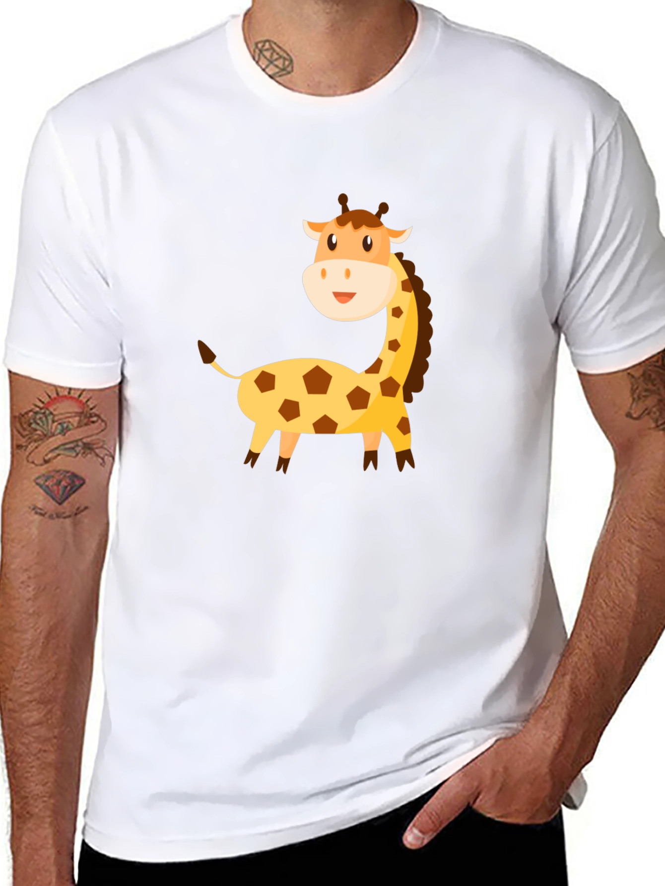 Cartoon Giraffe Graphic Tee - Black Cotton T-Shirt