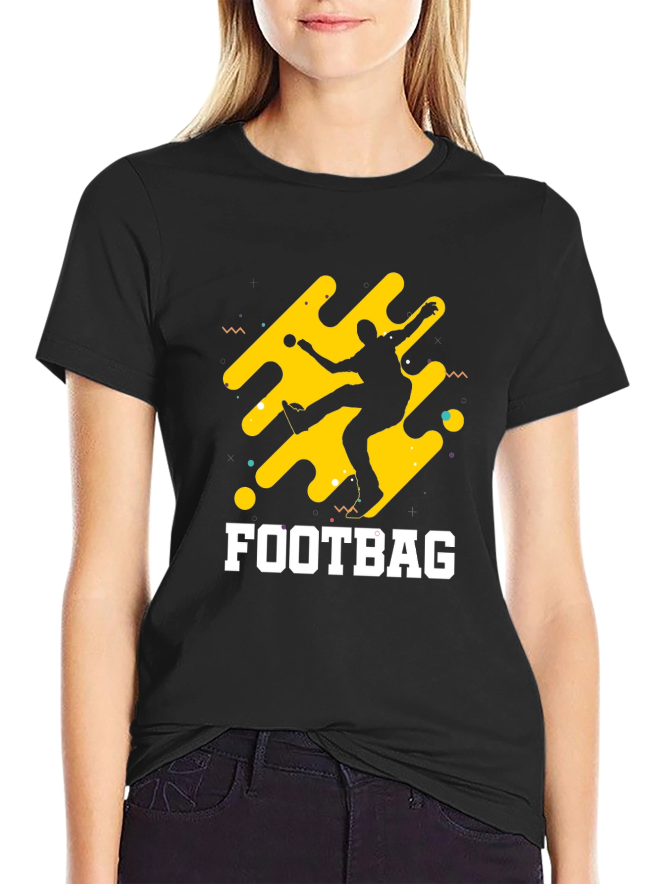 Black T-Shirt with Footbag Graphic Design