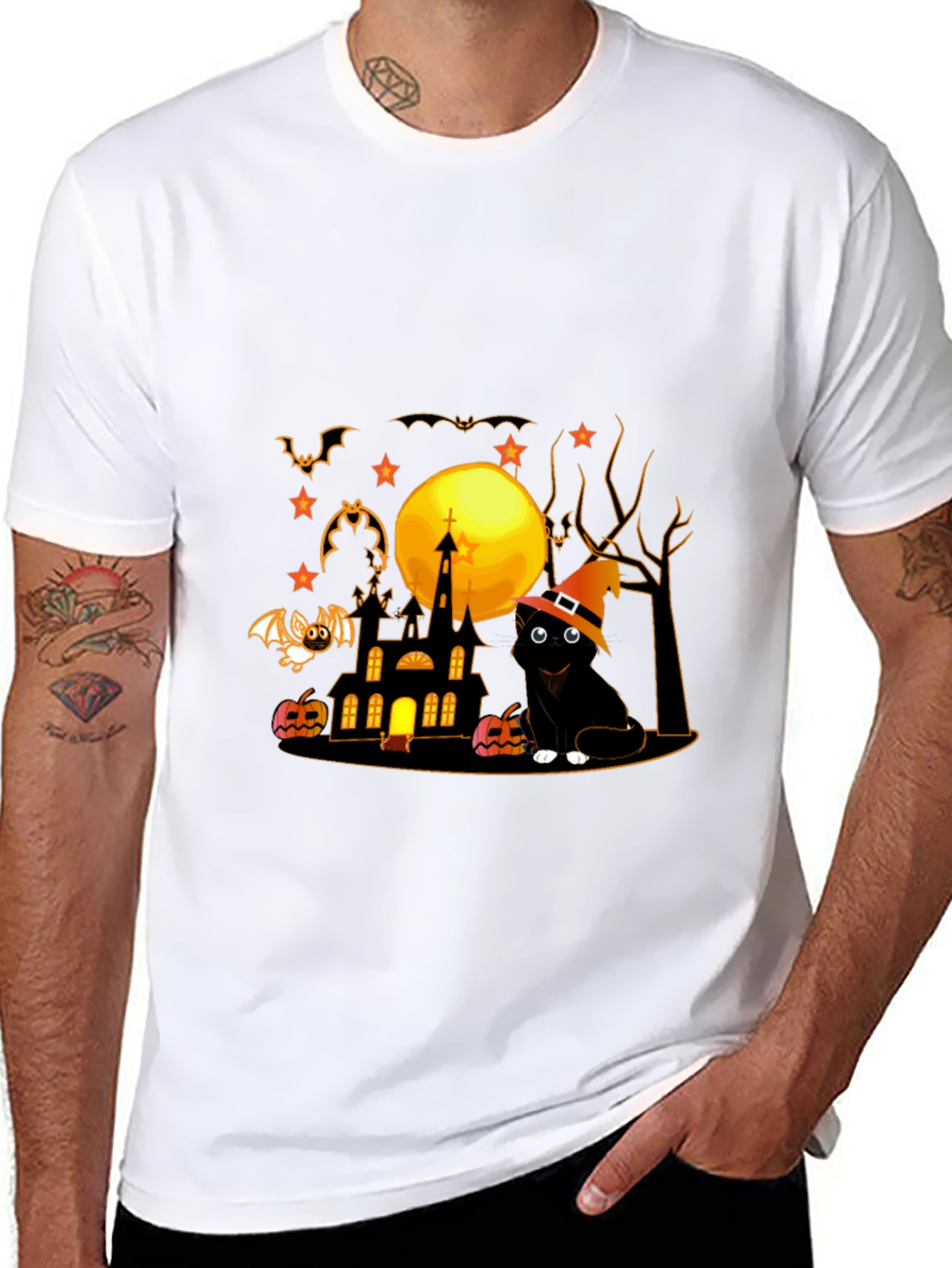 Halloween Cat & Haunted House Graphic Tee