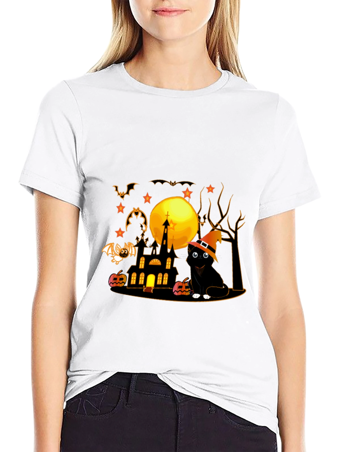 Halloween Cat & Haunted House Graphic Tee