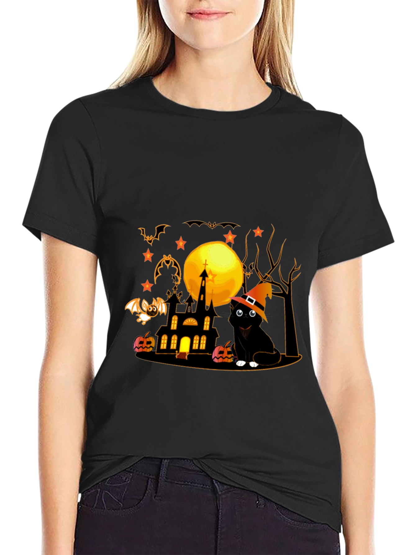 Halloween Cat & Haunted House Graphic Tee