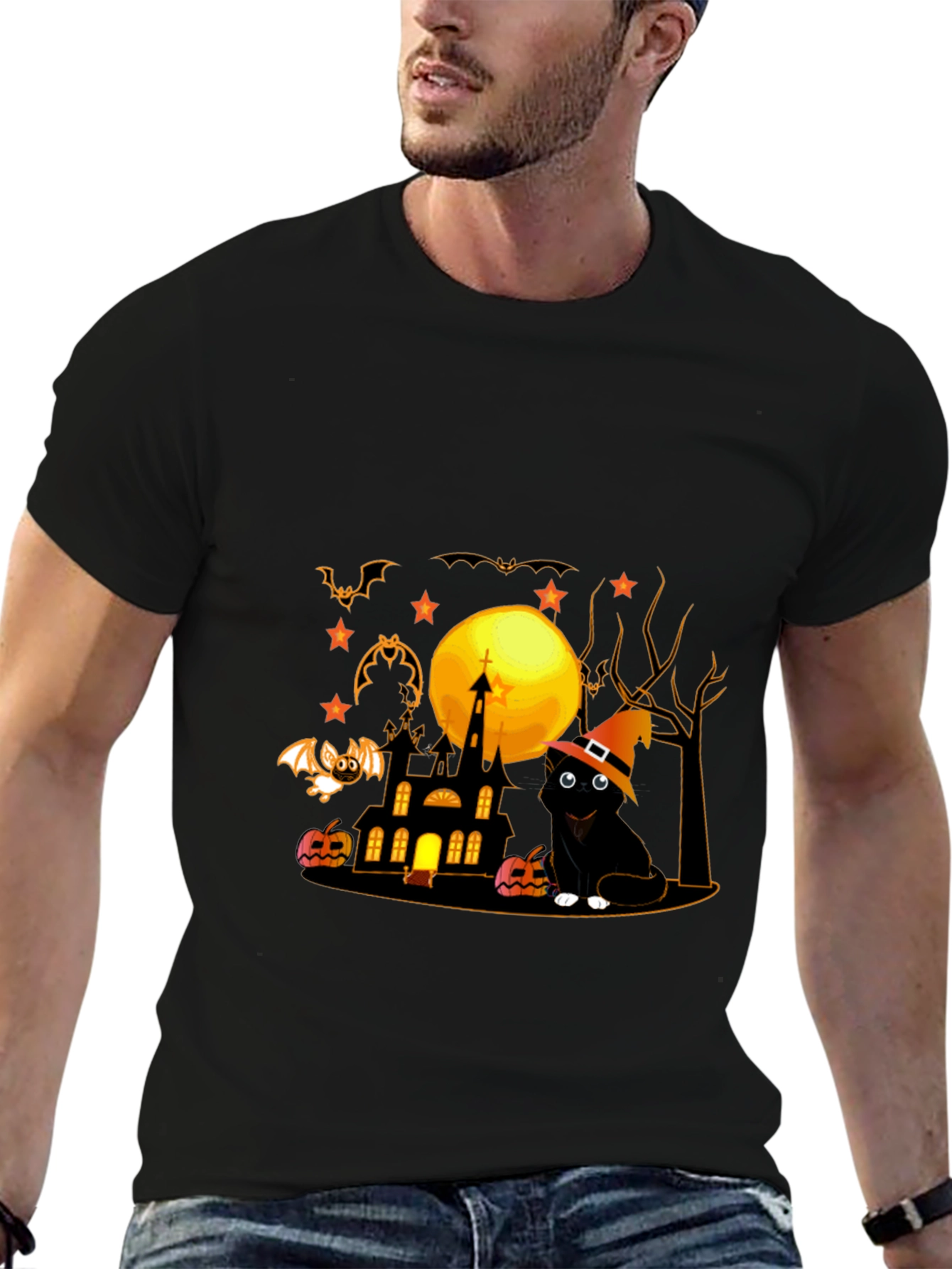 Halloween Cat & Haunted House Graphic Tee