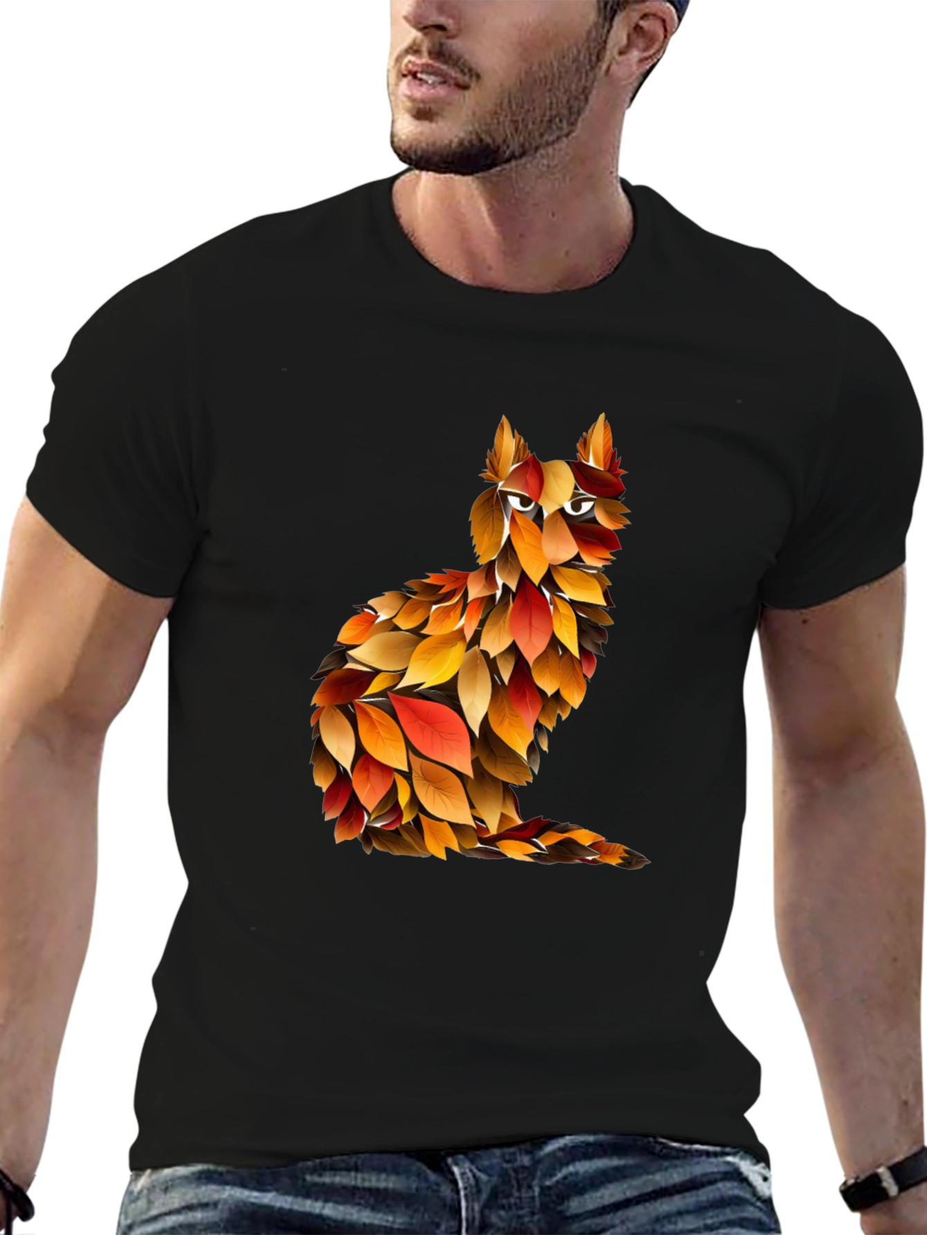Autumn Leaf Cat Graphic T-Shirt - Unique Fall Design