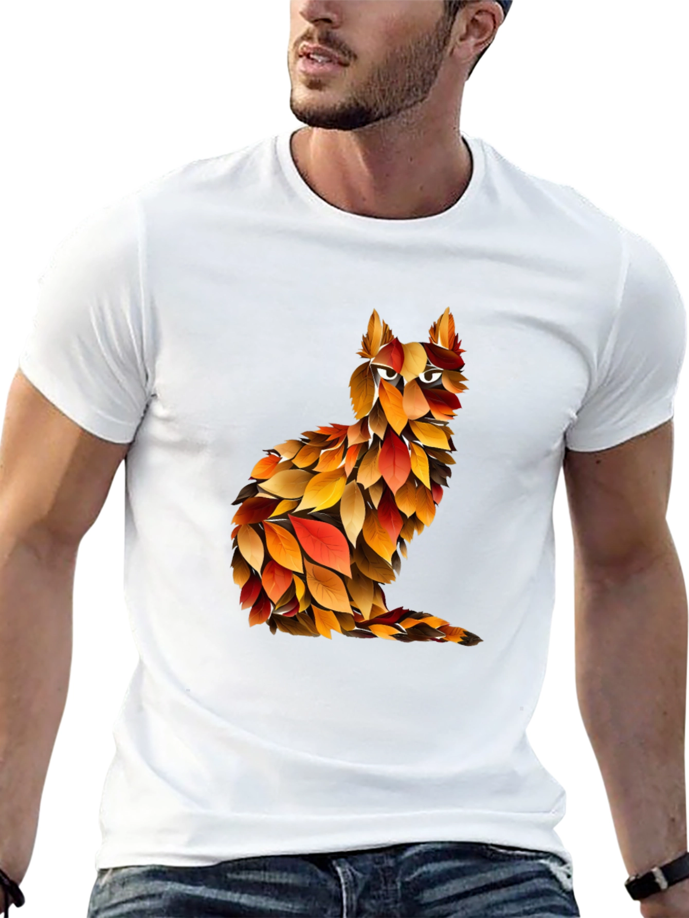 Autumn Leaf Cat Graphic T-Shirt - Unique Fall Design