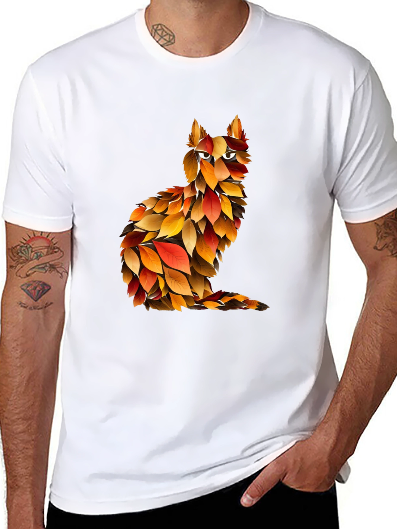 Autumn Leaf Cat Graphic T-Shirt - Unique Fall Design