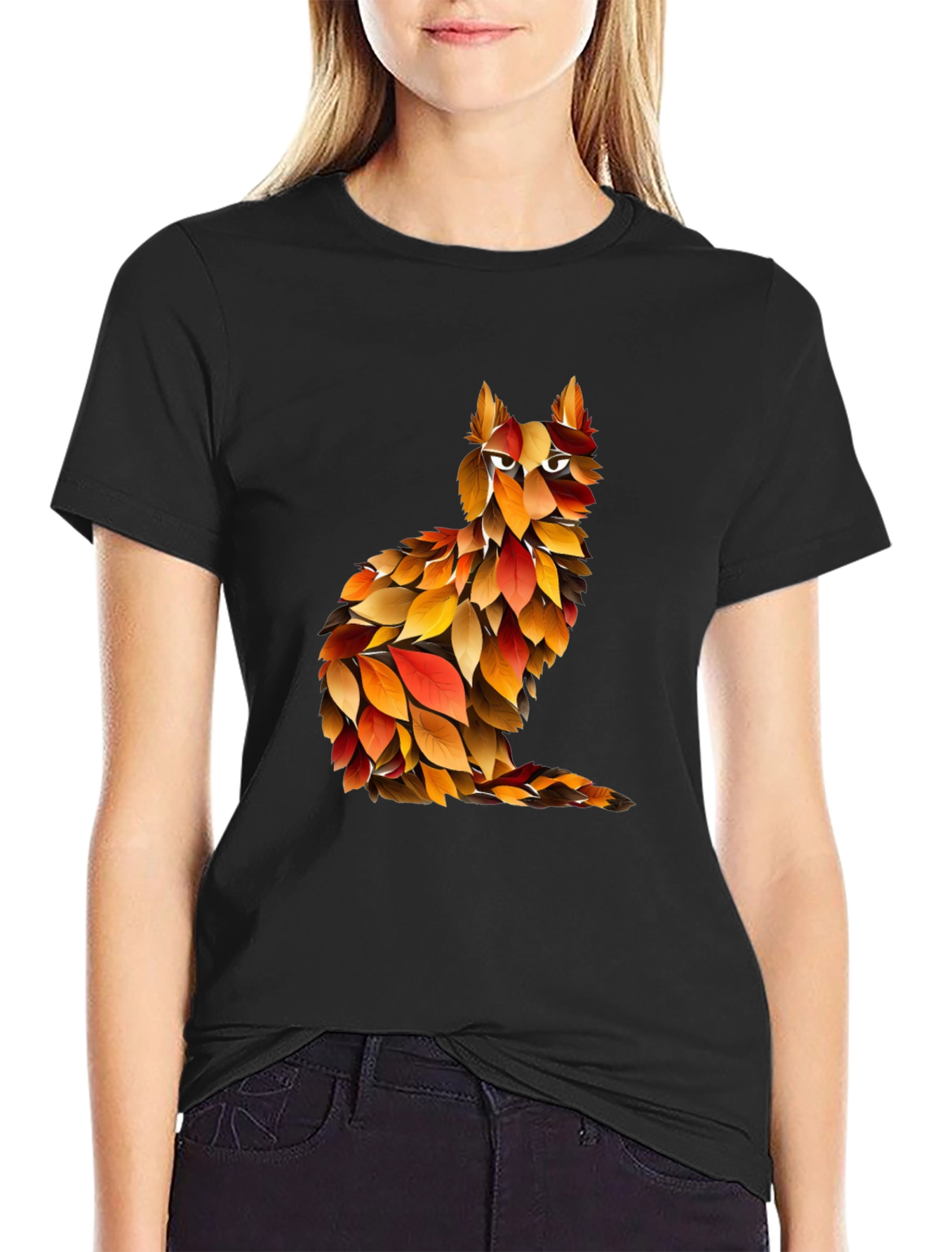 Autumn Leaf Cat Graphic T-Shirt - Unique Fall Design