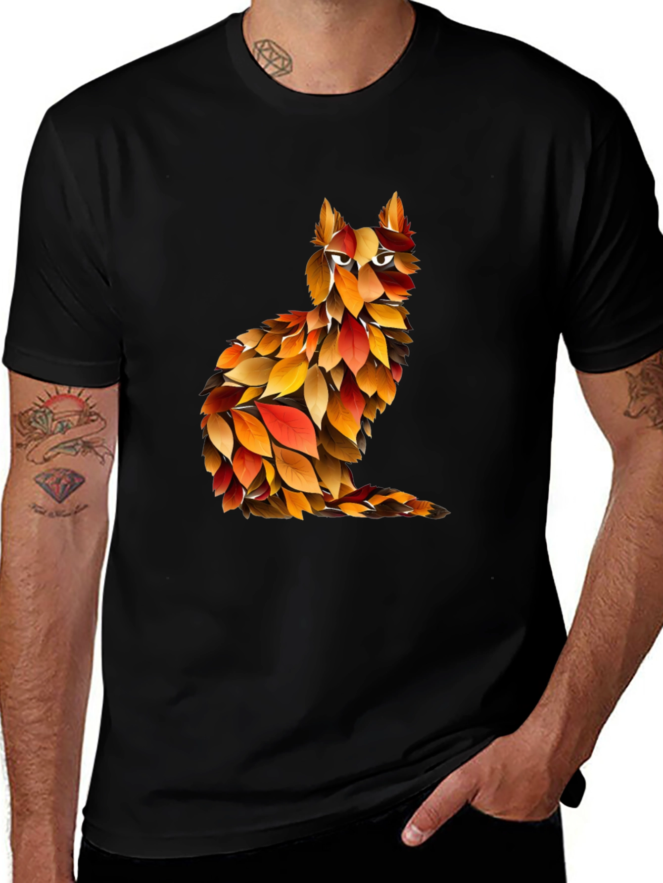 Autumn Leaf Cat Graphic T-Shirt - Unique Fall Design