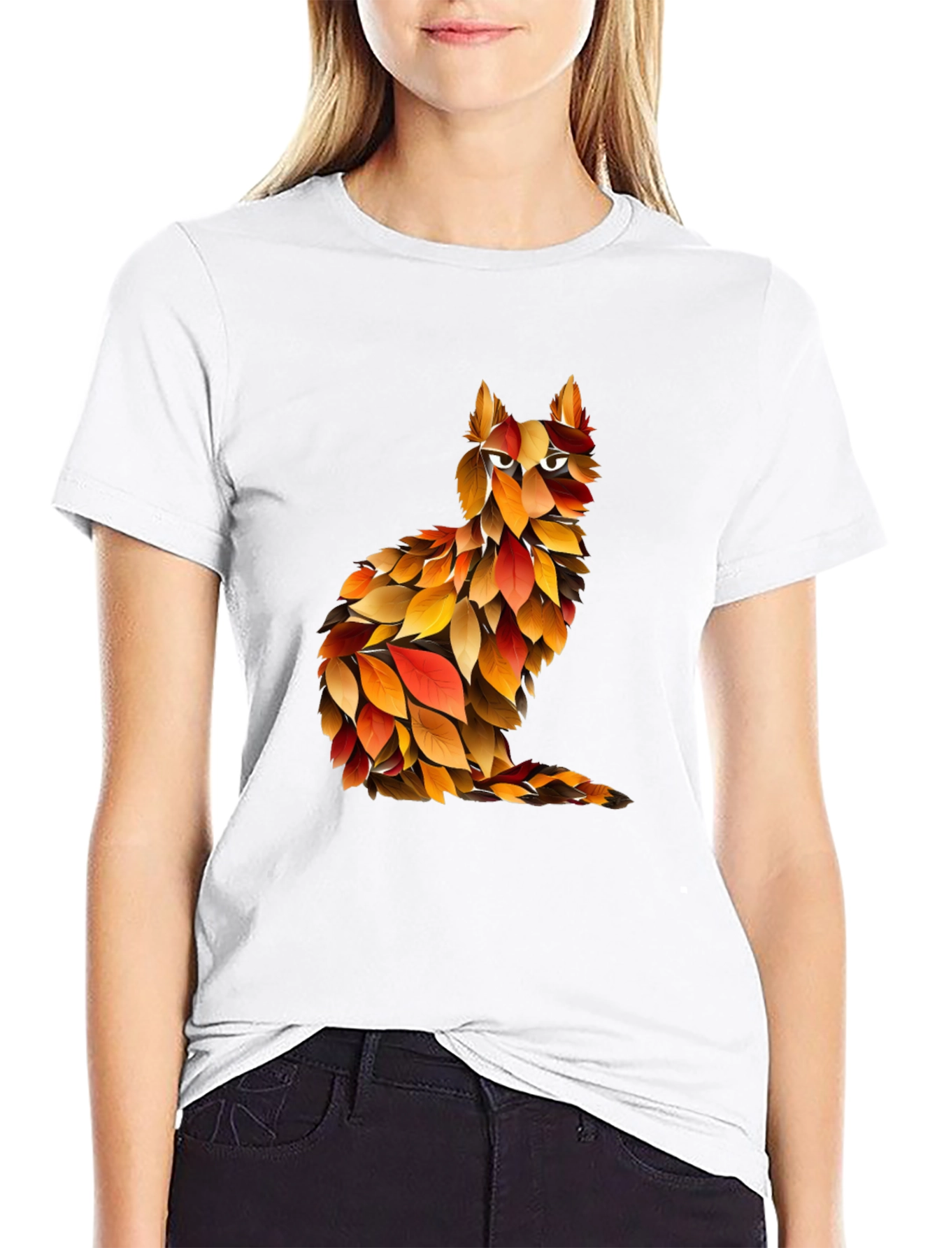 Autumn Leaf Cat Graphic T-Shirt - Unique Fall Design