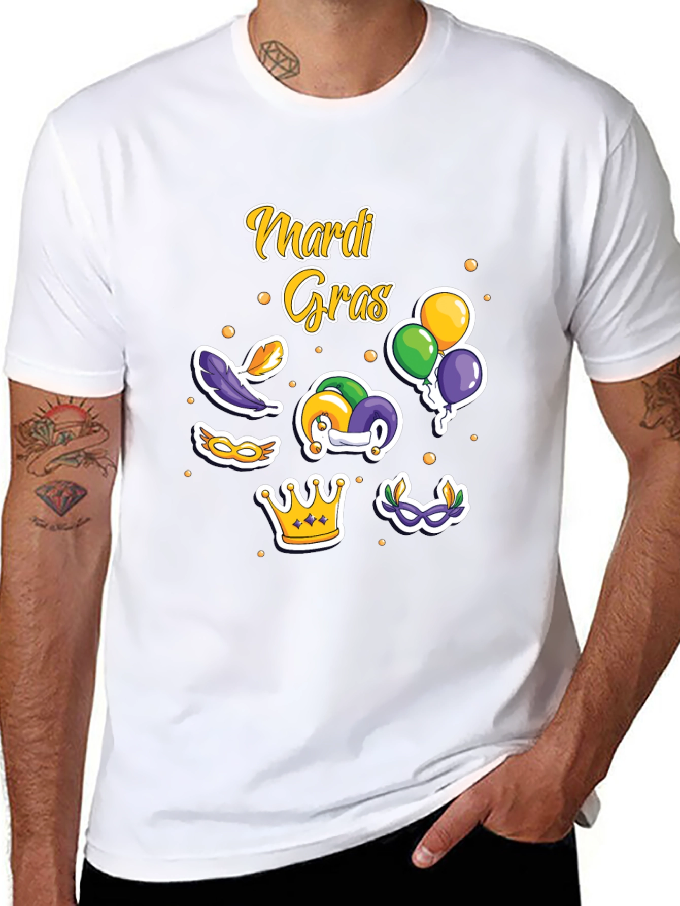 Mardi Gras T-Shirt with Masks Crown and Balloons Design