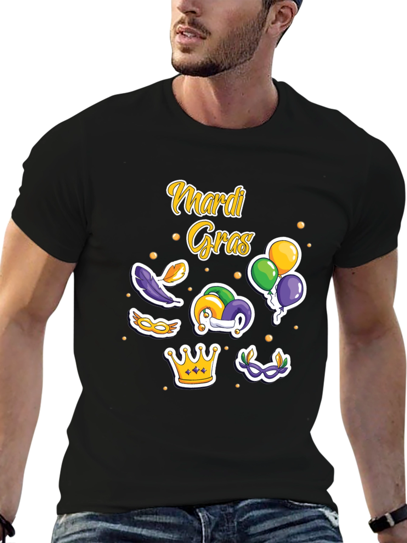 Mardi Gras T-Shirt with Masks Crown and Balloons Design