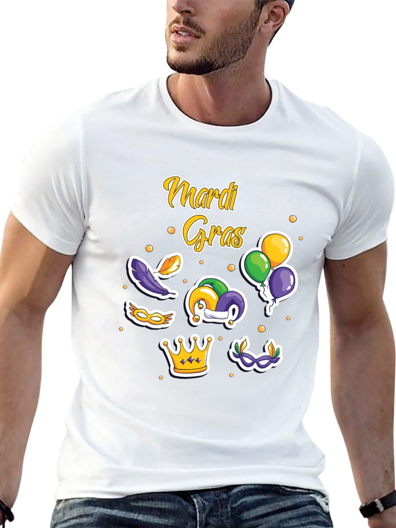 Mardi Gras T-Shirt with Masks Crown and Balloons Design