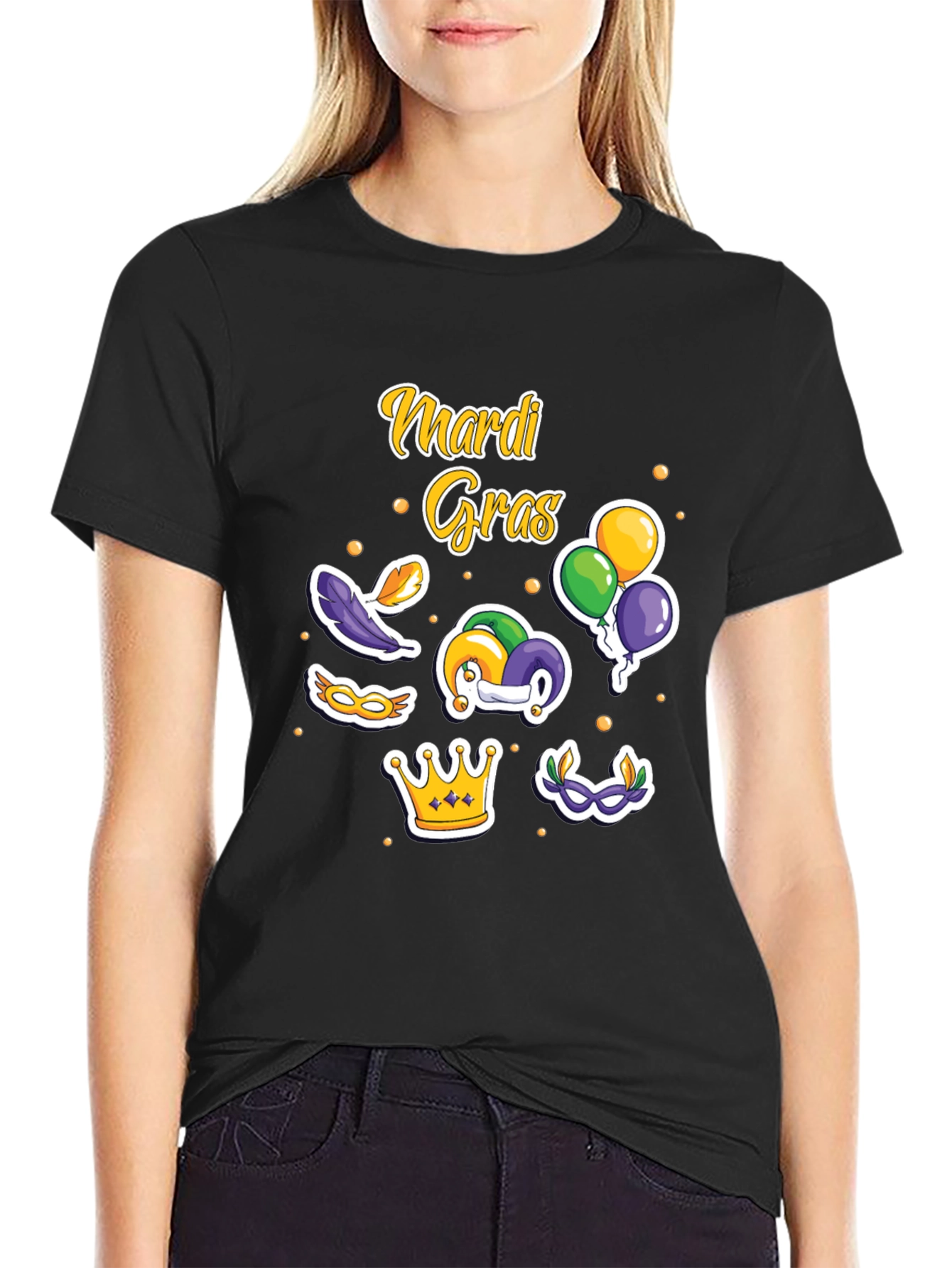 Mardi Gras T-Shirt with Masks Crown and Balloons Design