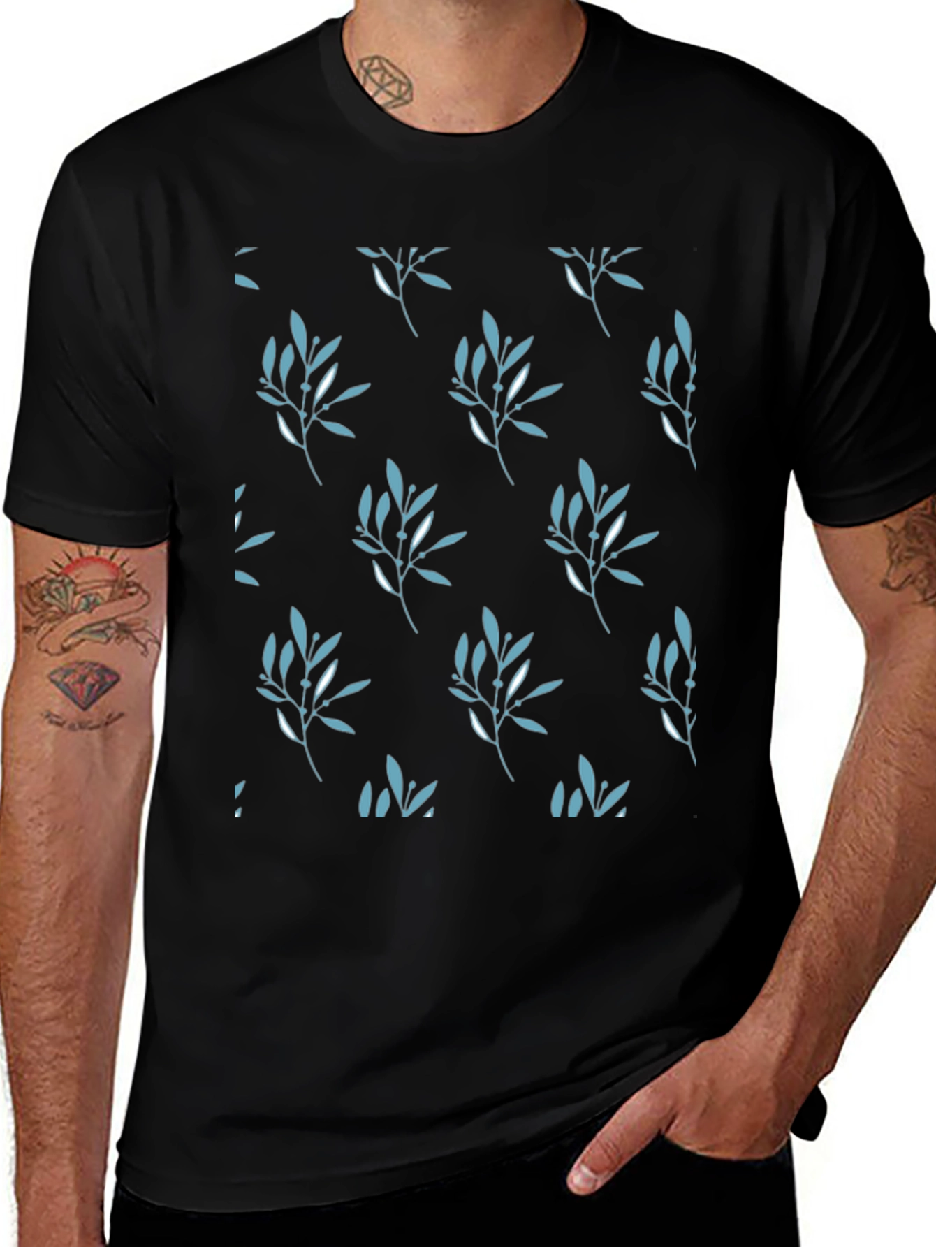 Mens Black Leaf Patterned T-Shirt