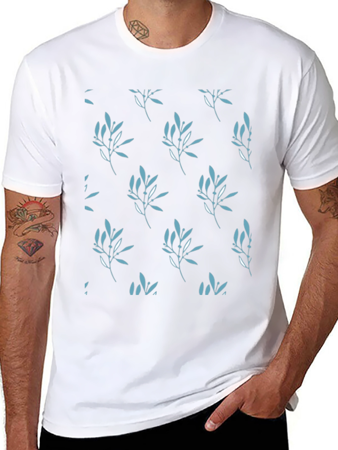 Mens Black Leaf Patterned T-Shirt