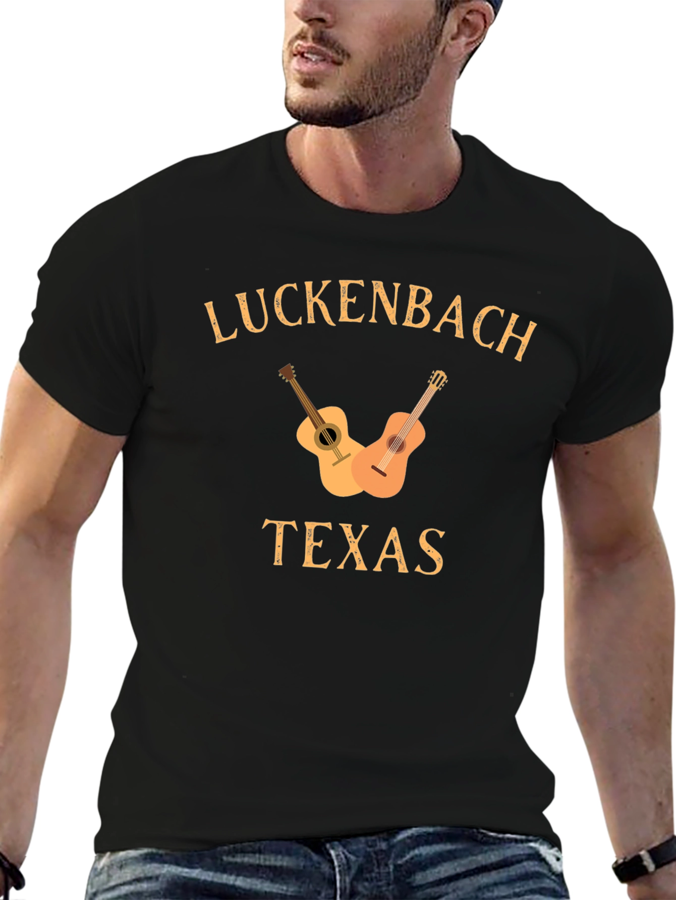 Luckenbach Texas T-Shirt Guitar Graphic Black Tee