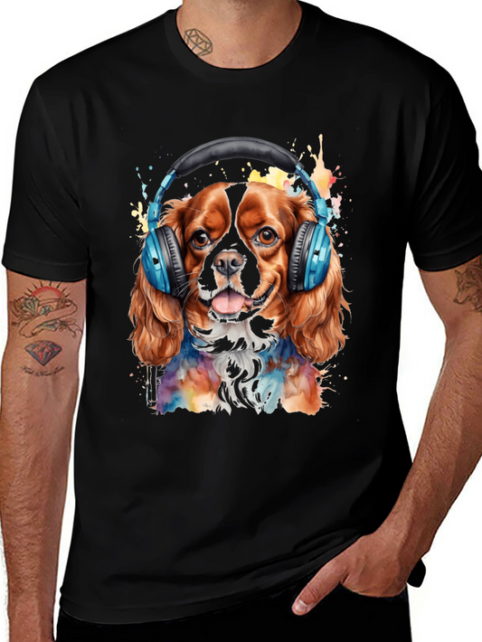 Dog with Headphones T-Shirt - Colorful Watercolor Design