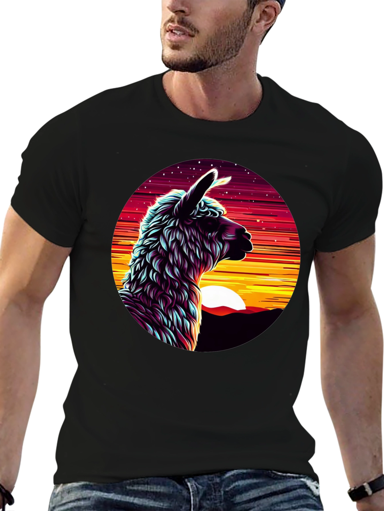 Llama Sunset Graphic Tee - Black Cotton Blend