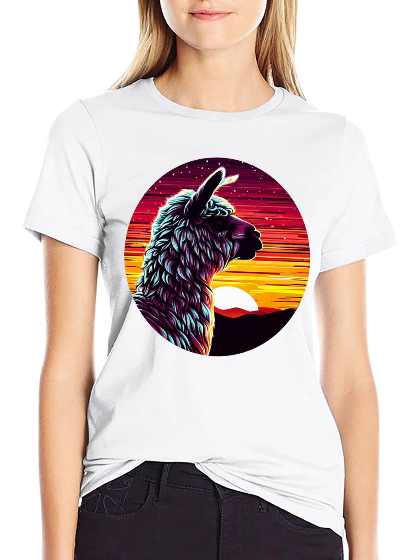 Llama Sunset Graphic Tee - Black Cotton Blend