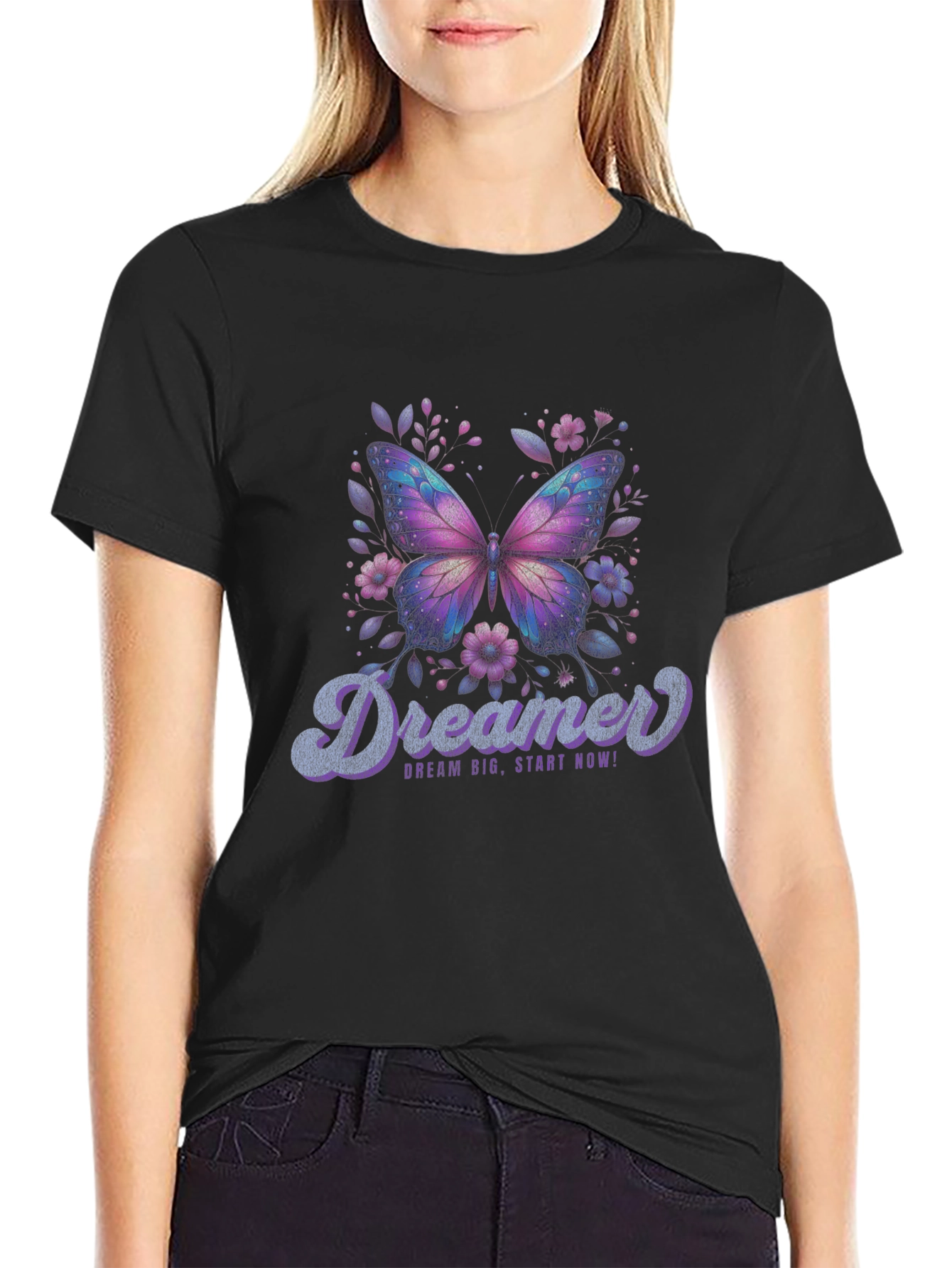 Dreamer Butterfly Graphic Black T-Shirt