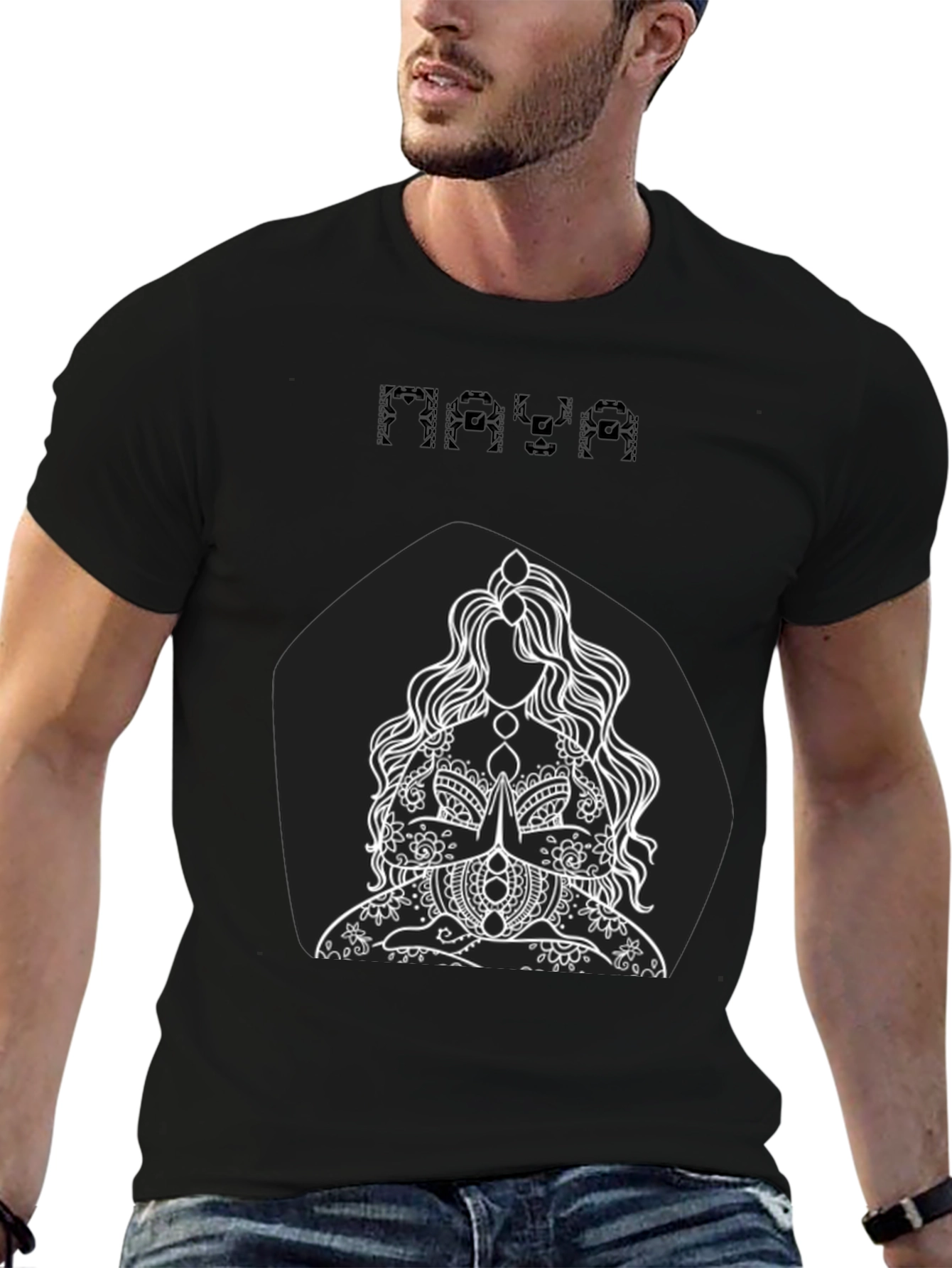 Maya Black T-Shirt with Meditating Woman Graphic