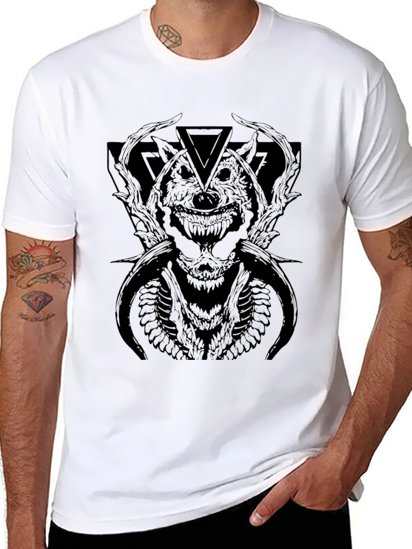 Mens Black Graphic Tee - Wolf Demon Design
