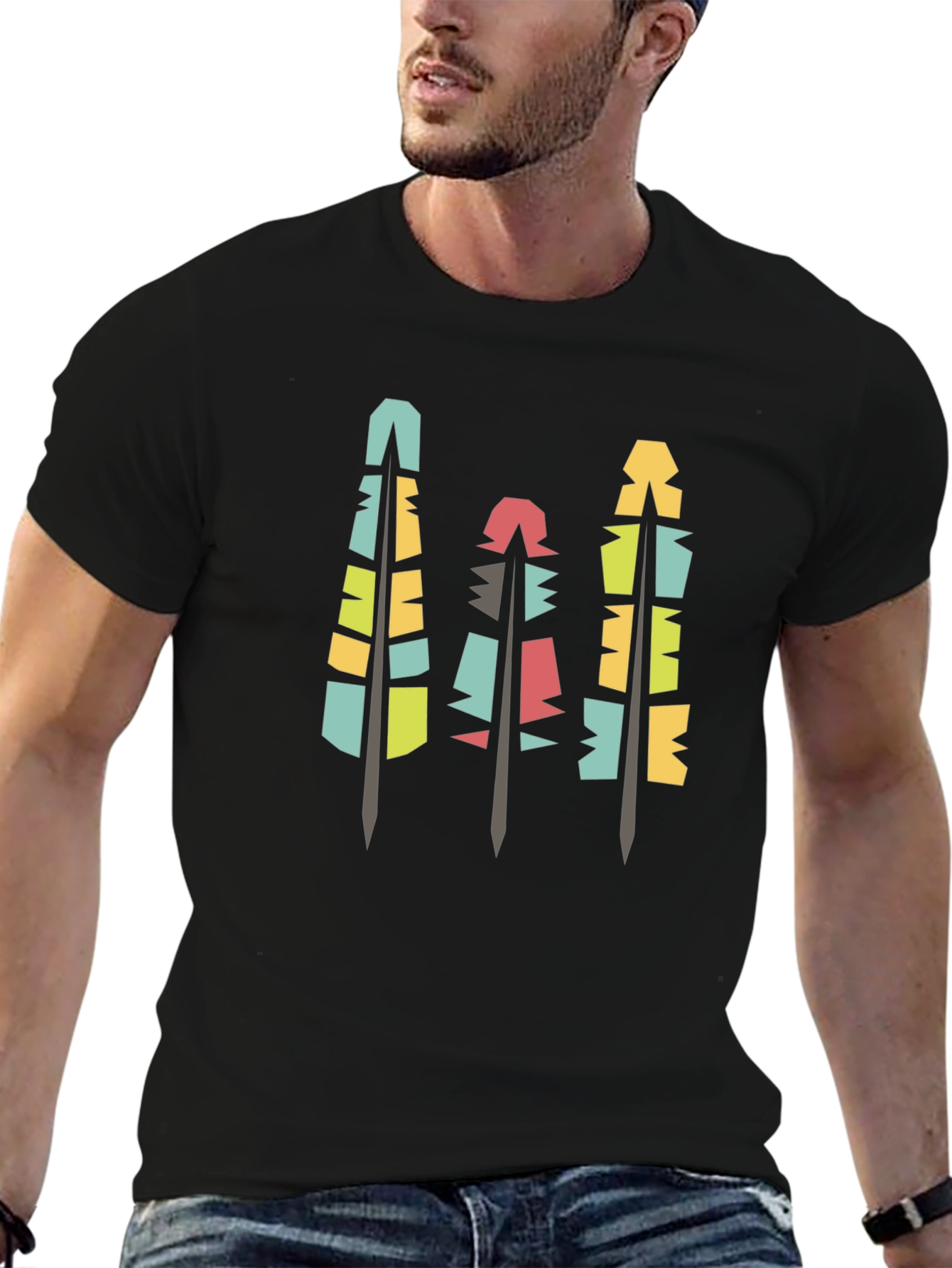 Modern Geometric Feathers Black T-Shirt