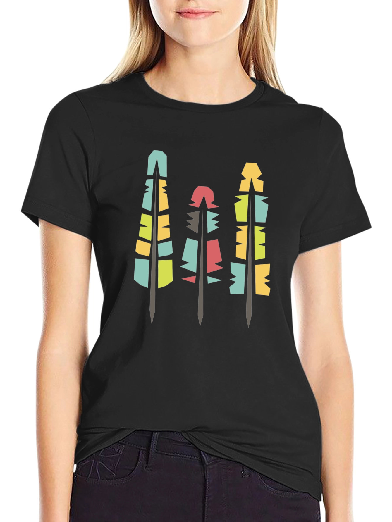 Modern Geometric Feathers Black T-Shirt