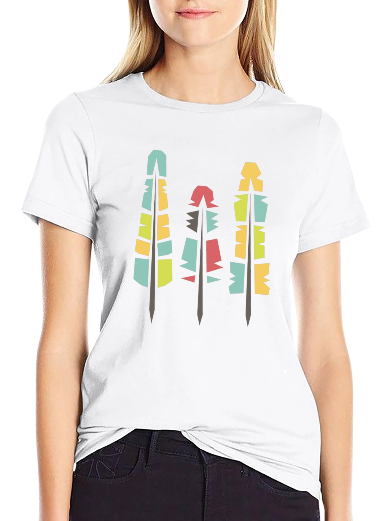 Modern Geometric Feathers Black T-Shirt