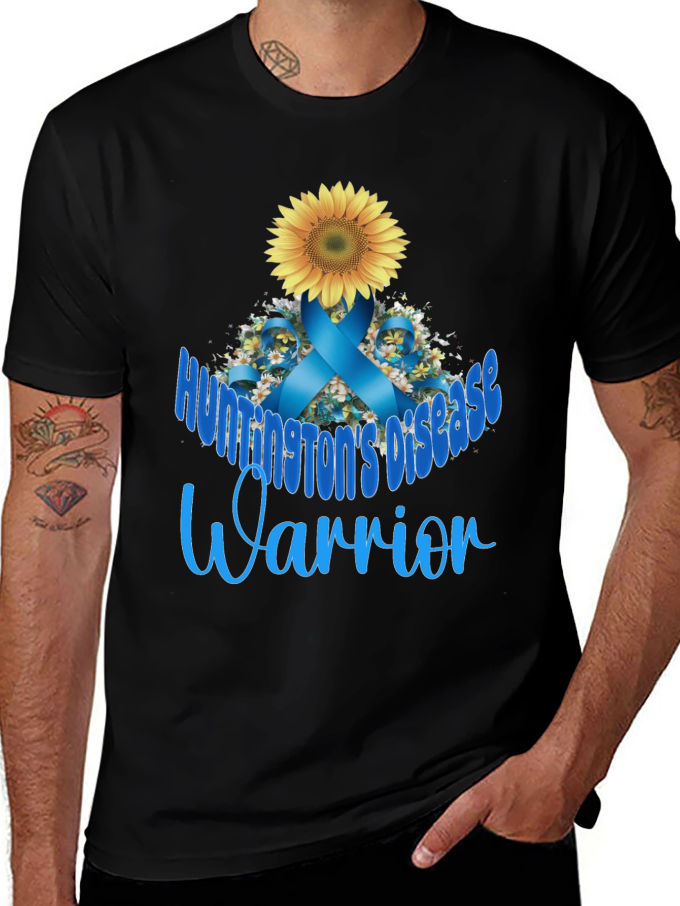 Huntingtons Disease Warrior T-Shirt Sunflower Blue Ribbon