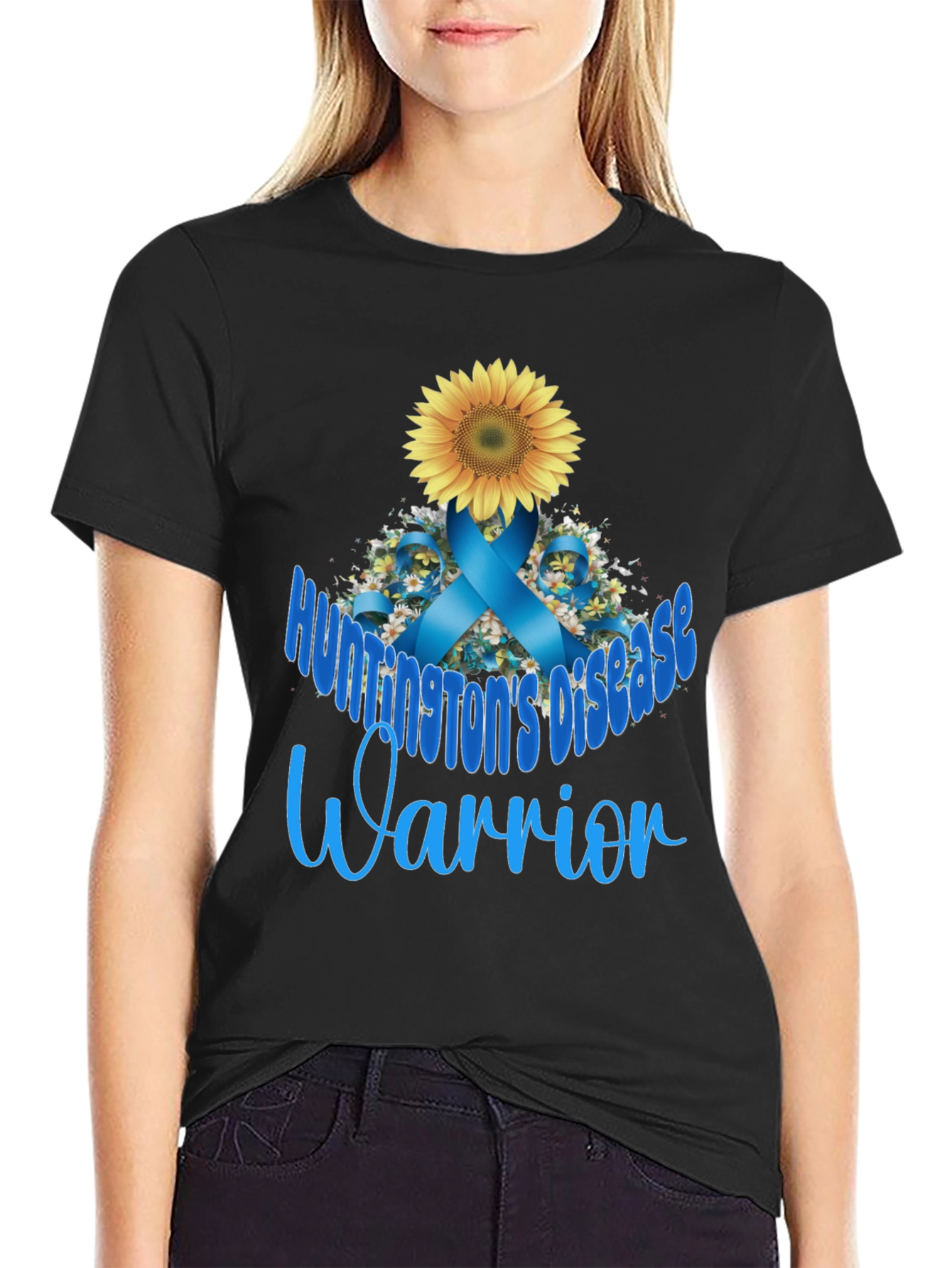 Huntingtons Disease Warrior T-Shirt Sunflower Blue Ribbon