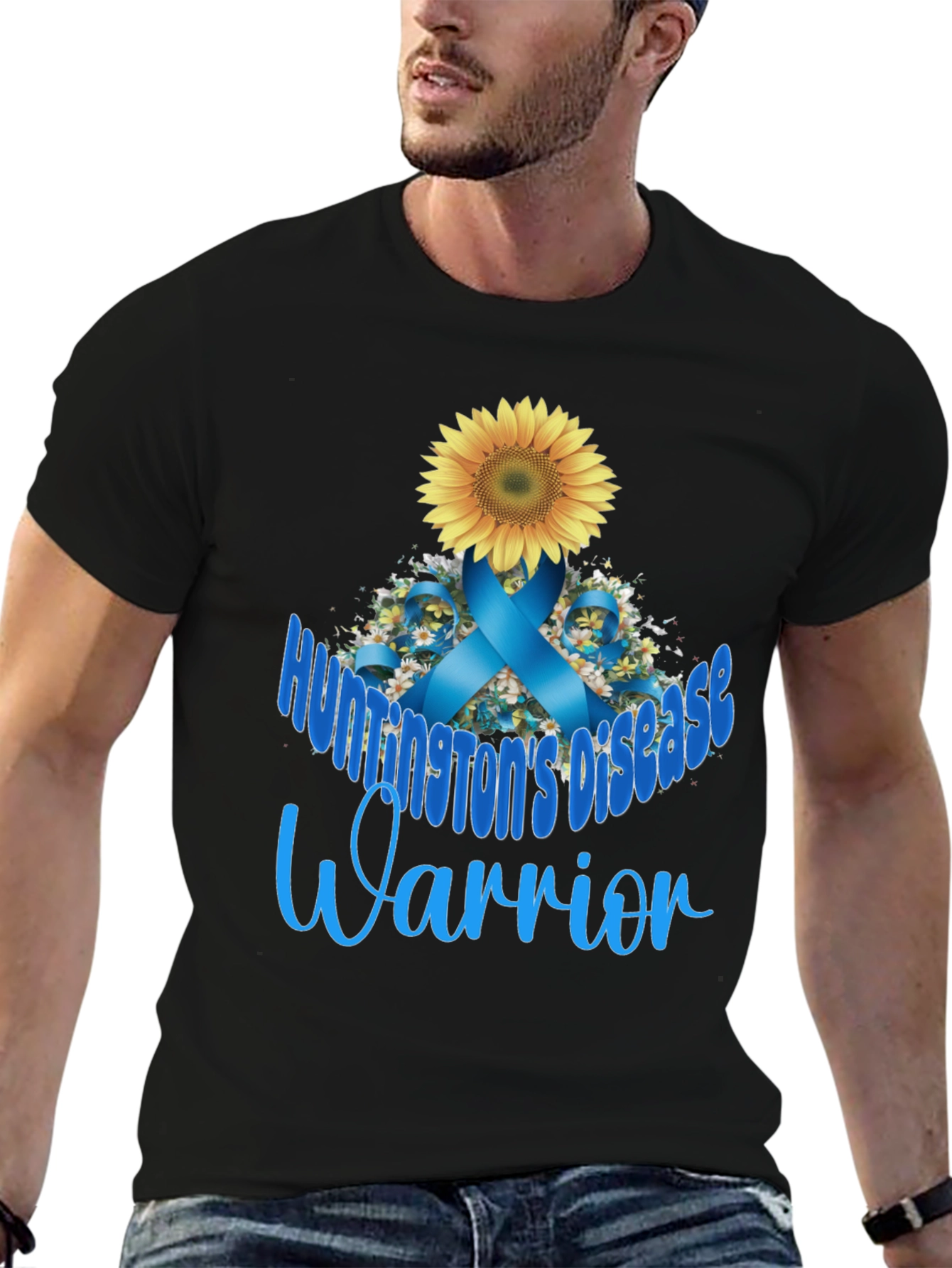 Huntingtons Disease Warrior T-Shirt Sunflower Blue Ribbon