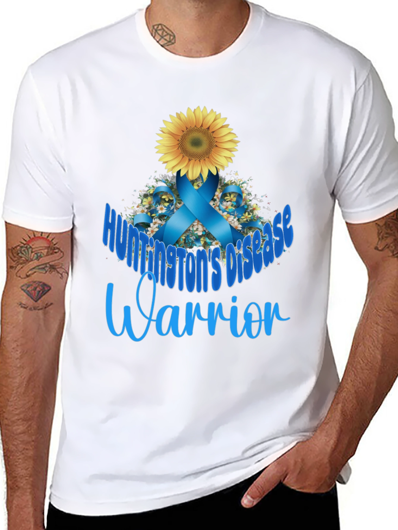 Huntingtons Disease Warrior T-Shirt Sunflower Blue Ribbon