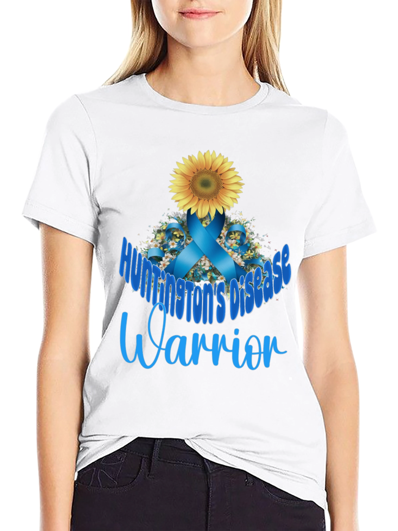 Huntingtons Disease Warrior T-Shirt Sunflower Blue Ribbon