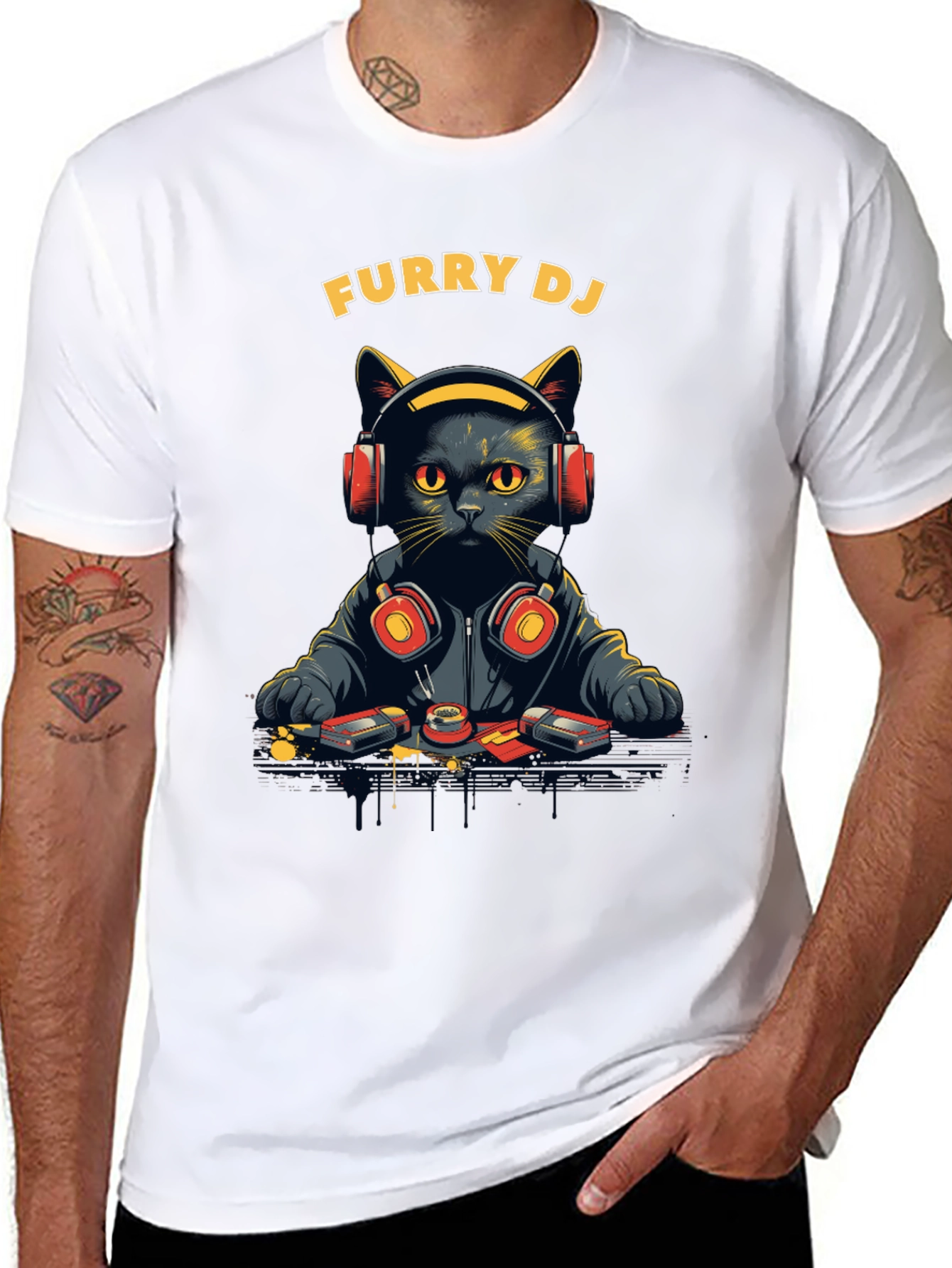 Furry DJ Cat Graphic Tee - Black T-Shirt