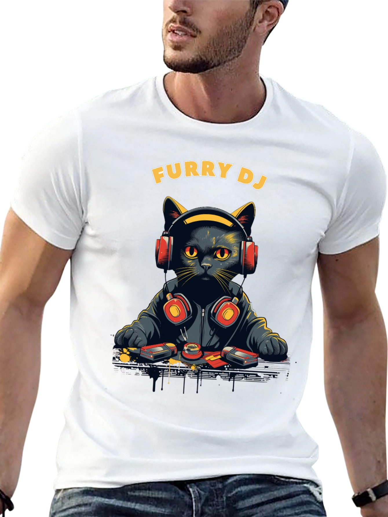 Furry DJ Cat Graphic Tee - Black T-Shirt