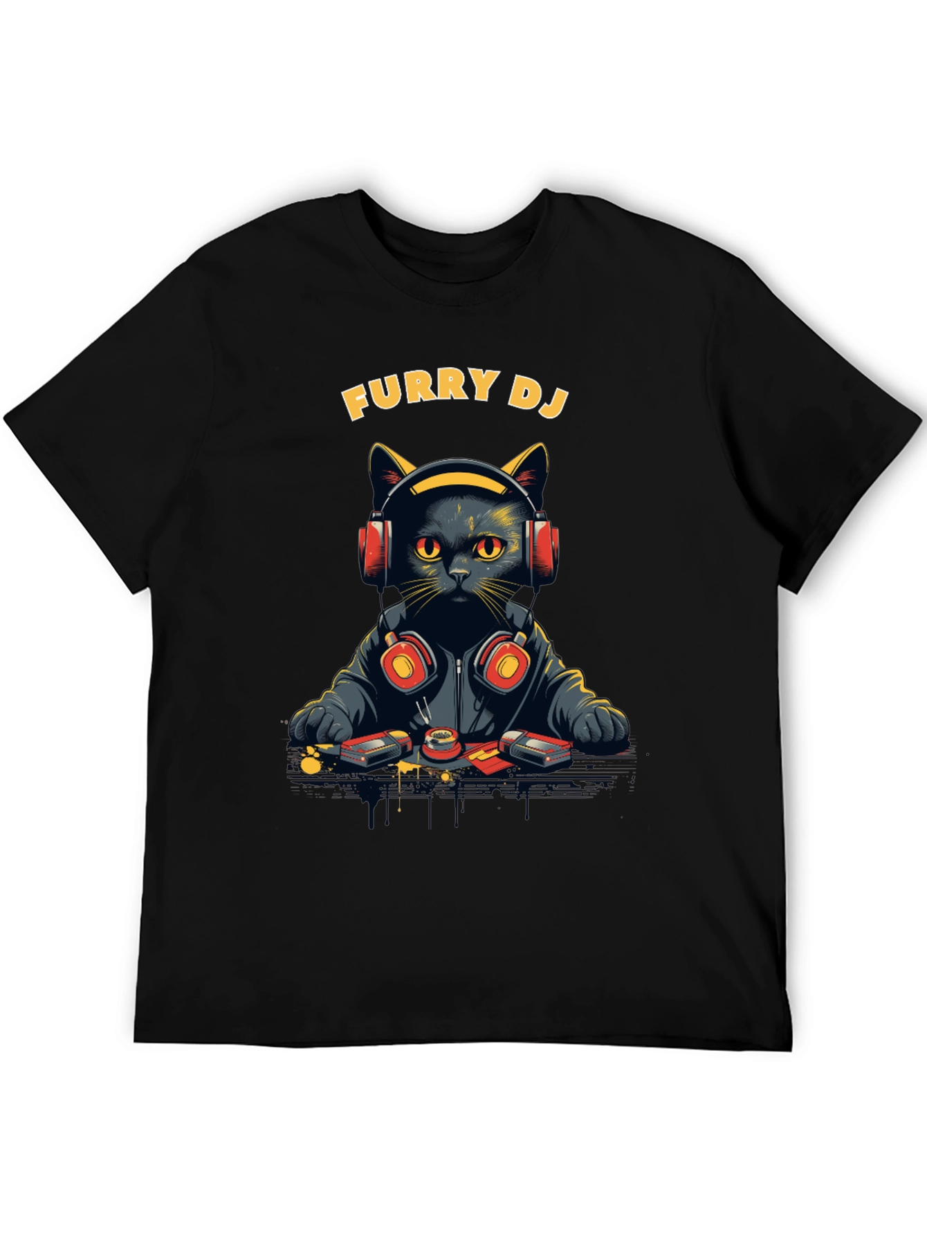 Furry DJ Cat Graphic Tee - Black T-Shirt